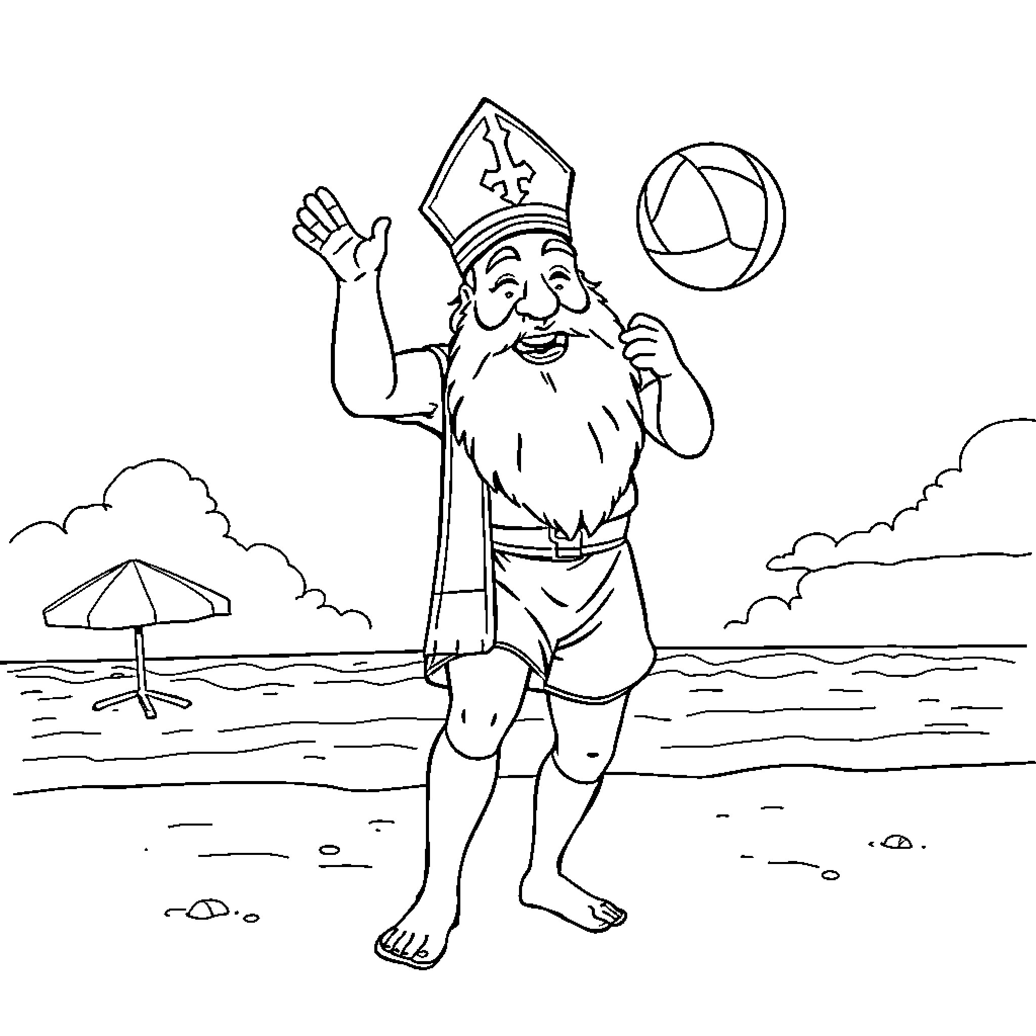 Archbishop playing happily with beach ball on the shore Coloring Page (free black-and-white line drawing printable PDF for all, from beginners to advanced learners, including children, teens, adults, and seniors)
