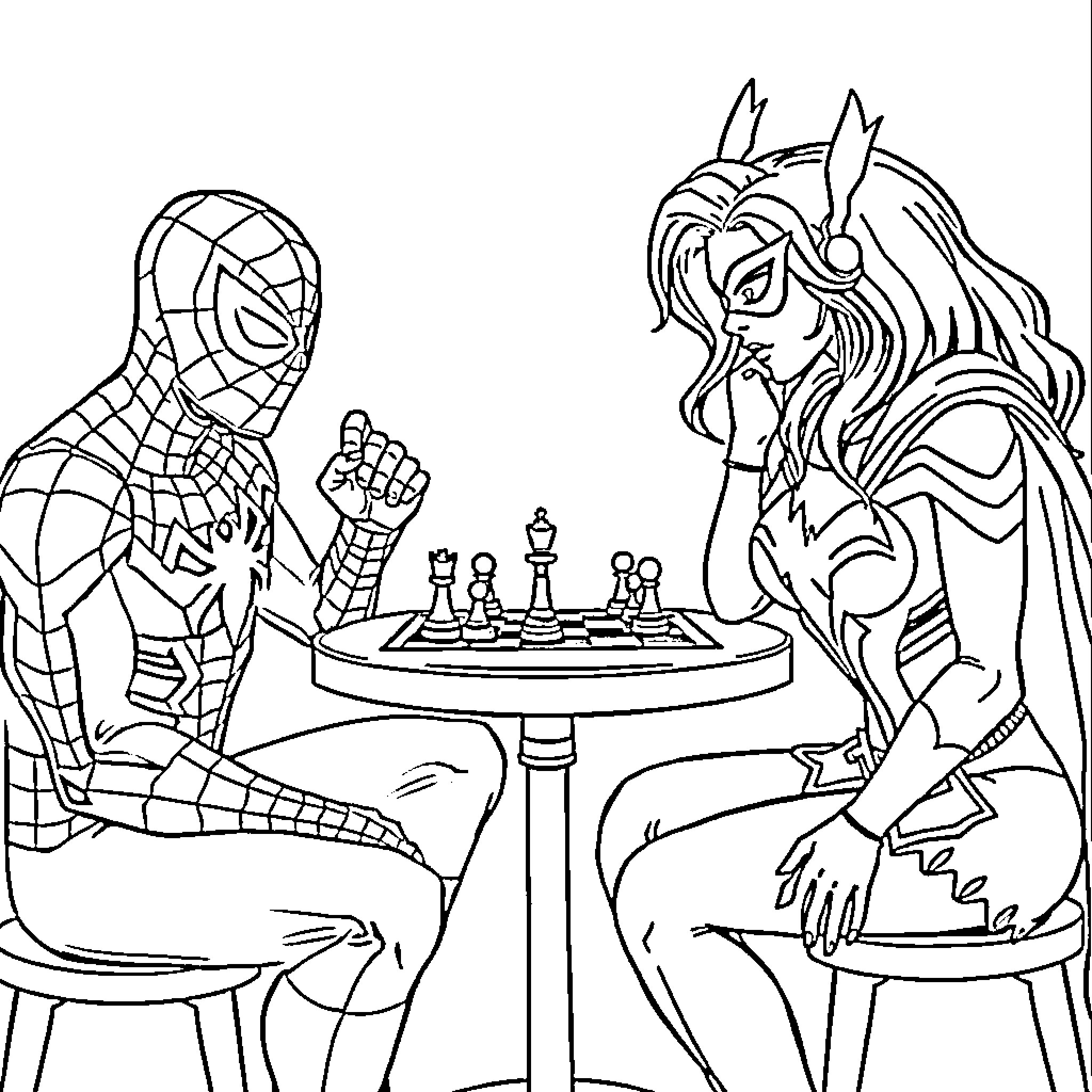 Spiderman playing chess with a superhero Coloring Page (free black-and-white line drawing printable PDF for all, from beginners to advanced learners, including children, teens, adults, and seniors)