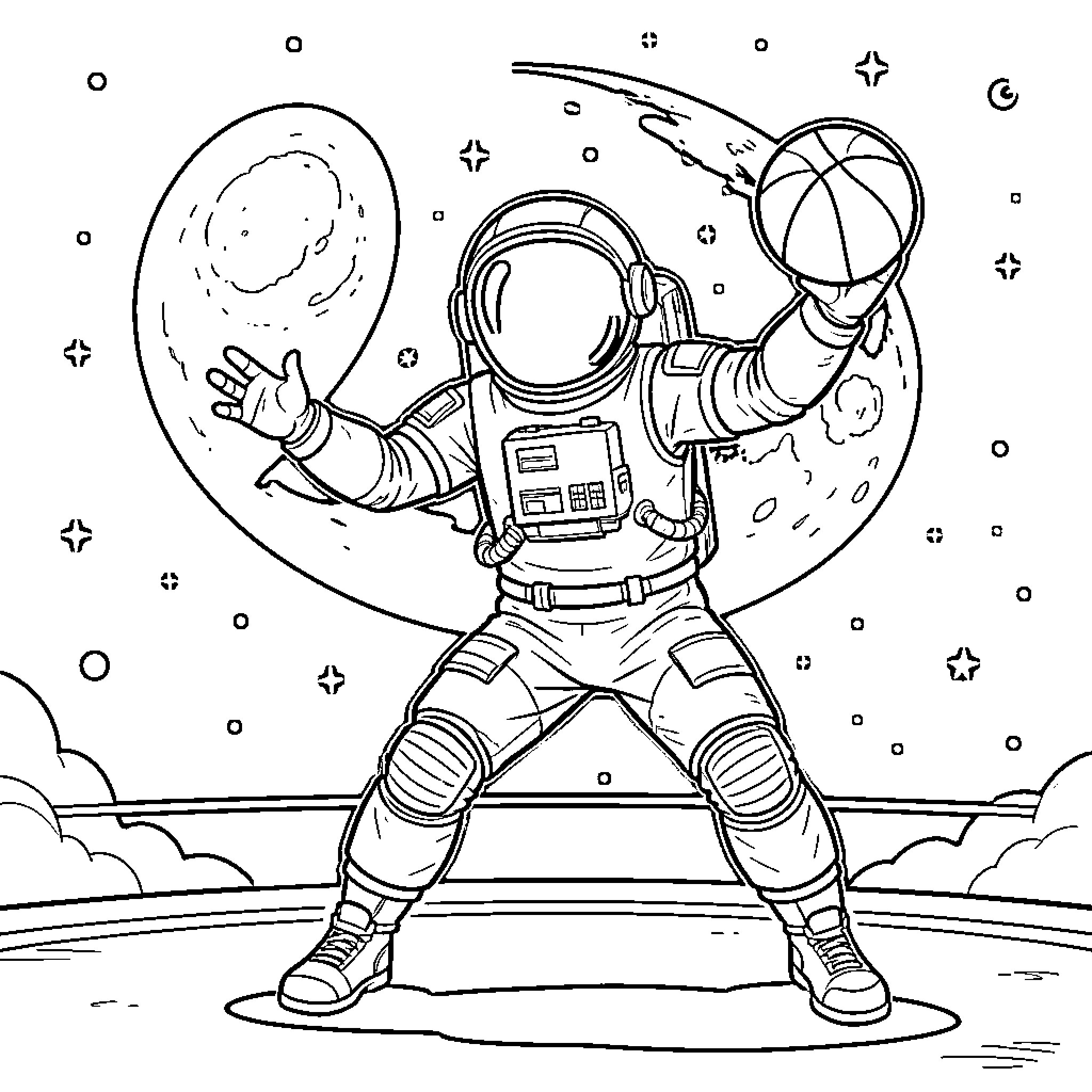Astronaut floating in the vast cosmic expanse Coloring Page (free black-and-white line drawing printable PDF for all, from beginners to advanced learners, including children, teens, adults, and seniors)