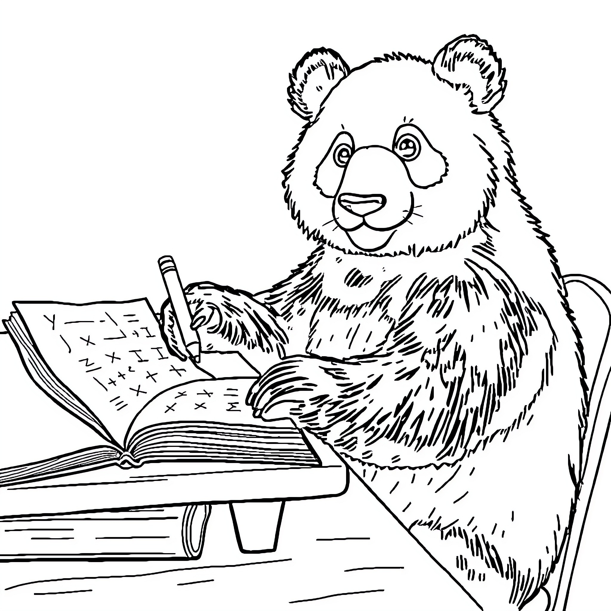 Panda studying diligently in a book Coloring Page (free black-and-white line drawing printable PDF for all, from beginners to advanced learners, including children, teens, adults, and seniors)
