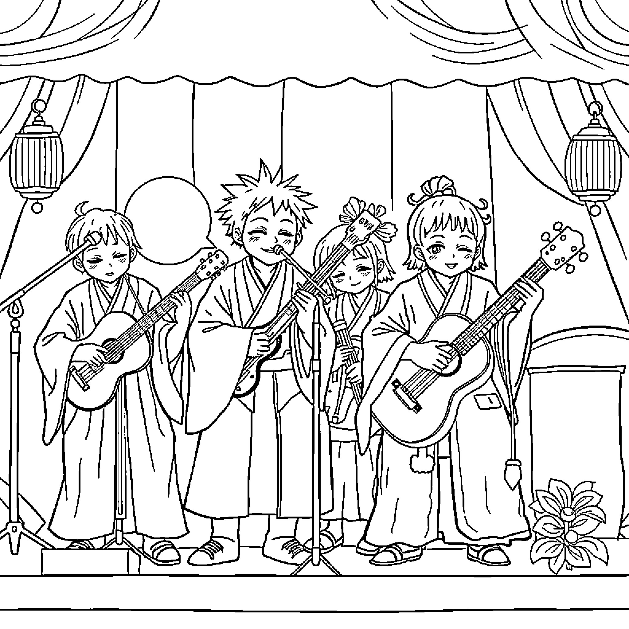 Haikyū Characters Performing on Stage Coloring Page (free black-and-white line drawing printable PDF for all, from beginners to advanced learners, including children, teens, adults, and seniors)