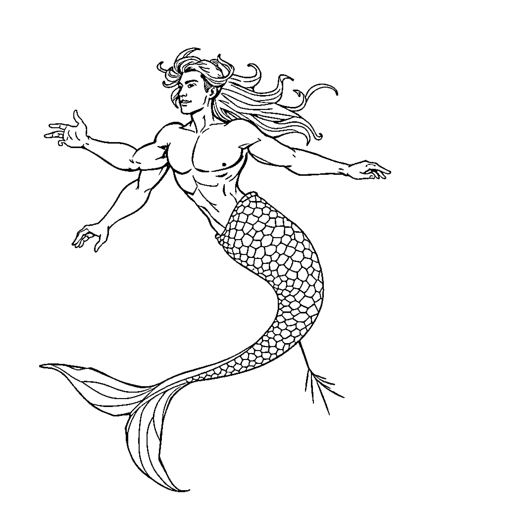 Mermaid swimming gracefully through the waves Coloring Page (free black-and-white line drawing printable PDF for all, from beginners to advanced learners, including children, teens, adults, and seniors)