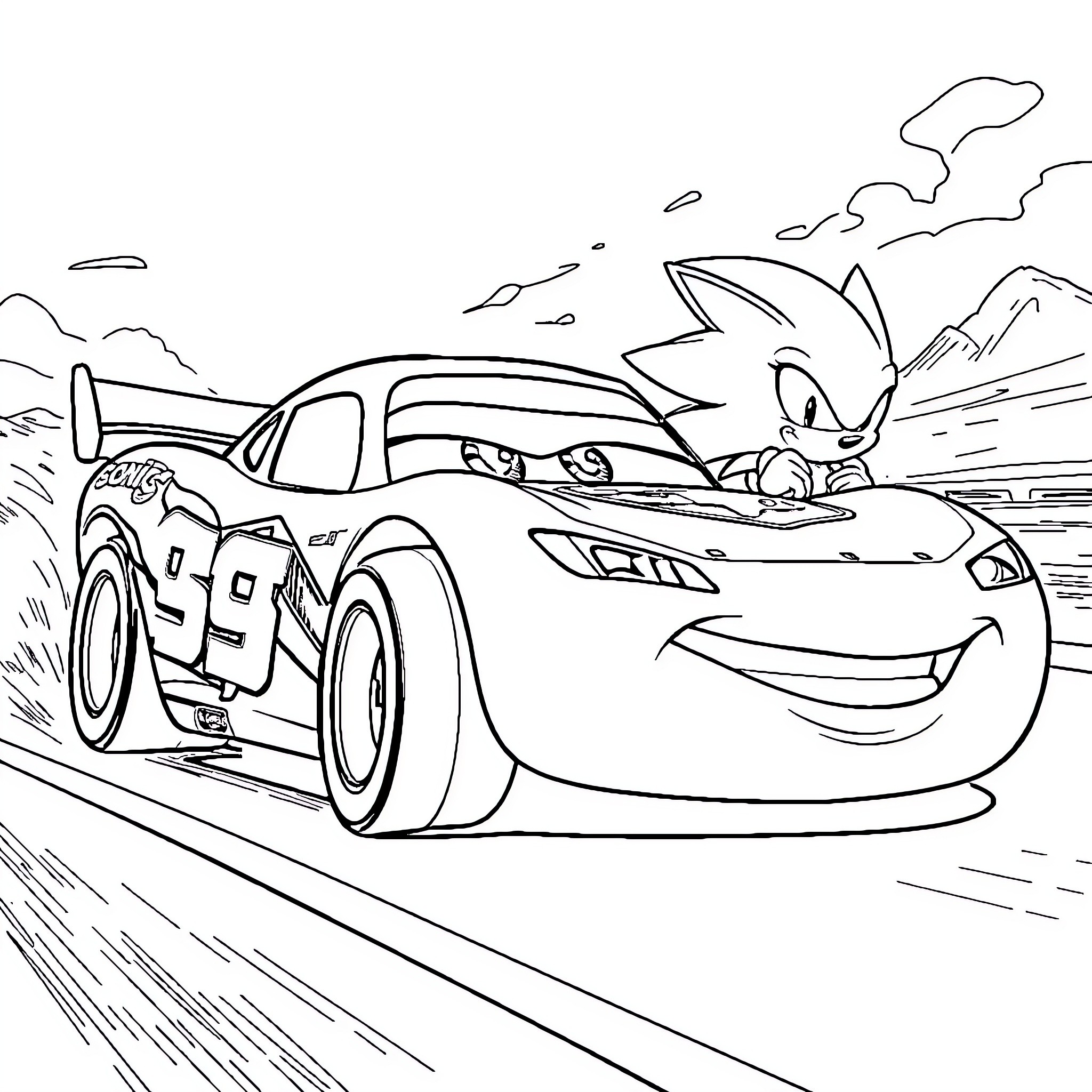 Carrera McQueen racing through the mountains Coloring Page (free black-and-white line drawing printable PDF for all, from beginners to advanced learners, including children, teens, adults, and seniors)