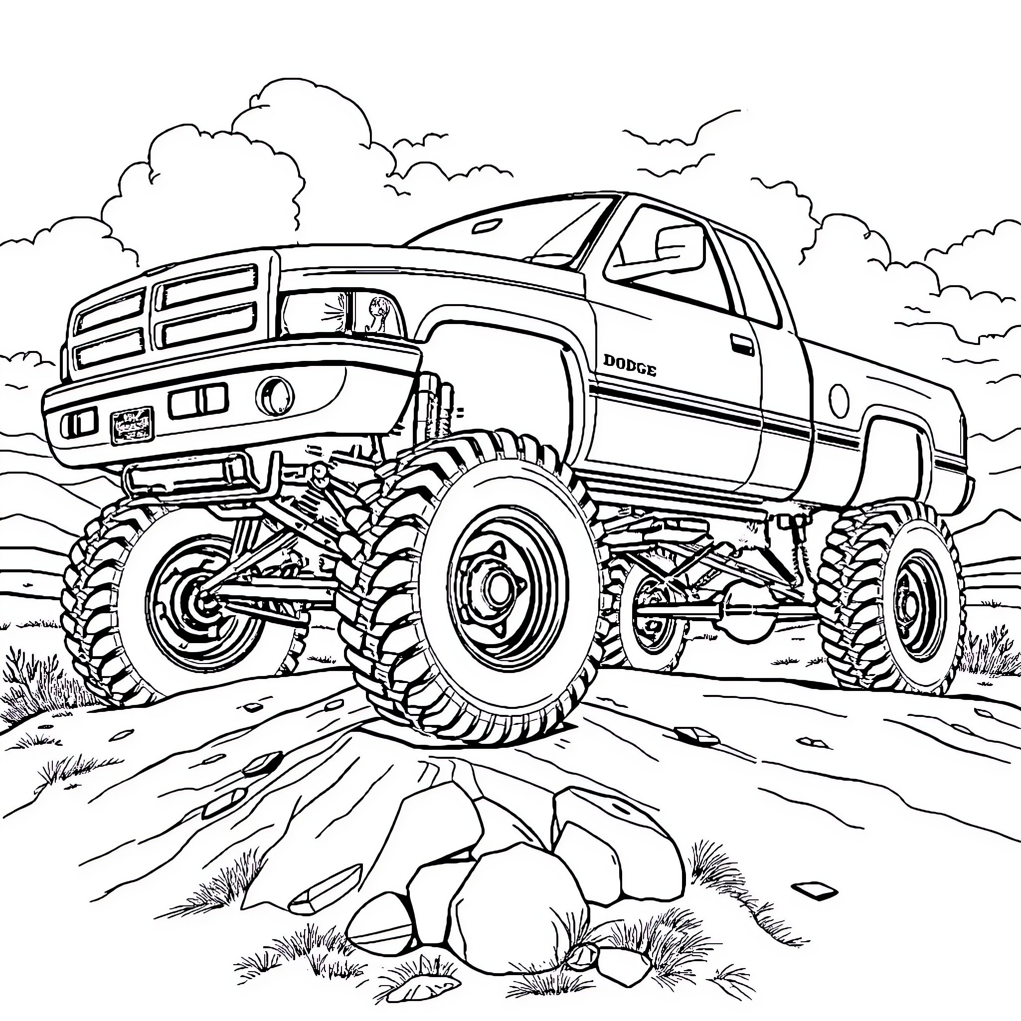 Dodge off-road truck conquering rugged terrain Coloring Page (free black-and-white line drawing printable PDF for all, from beginners to advanced learners, including children, teens, adults, and seniors)