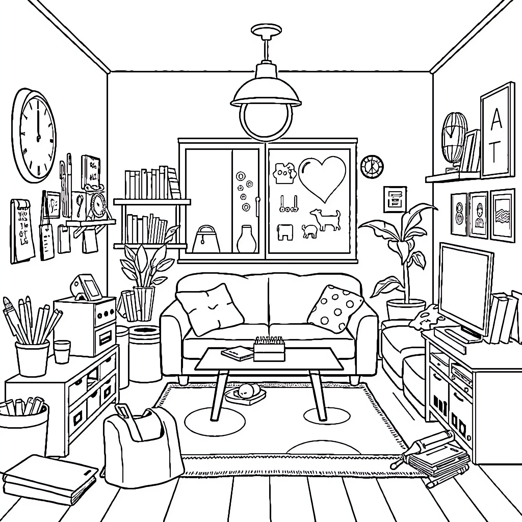 School Classroom with Diverse Furnishings and Decor Coloring Page (free black-and-white line drawing printable PDF for all, from beginners to advanced learners, including children, teens, adults, and seniors)