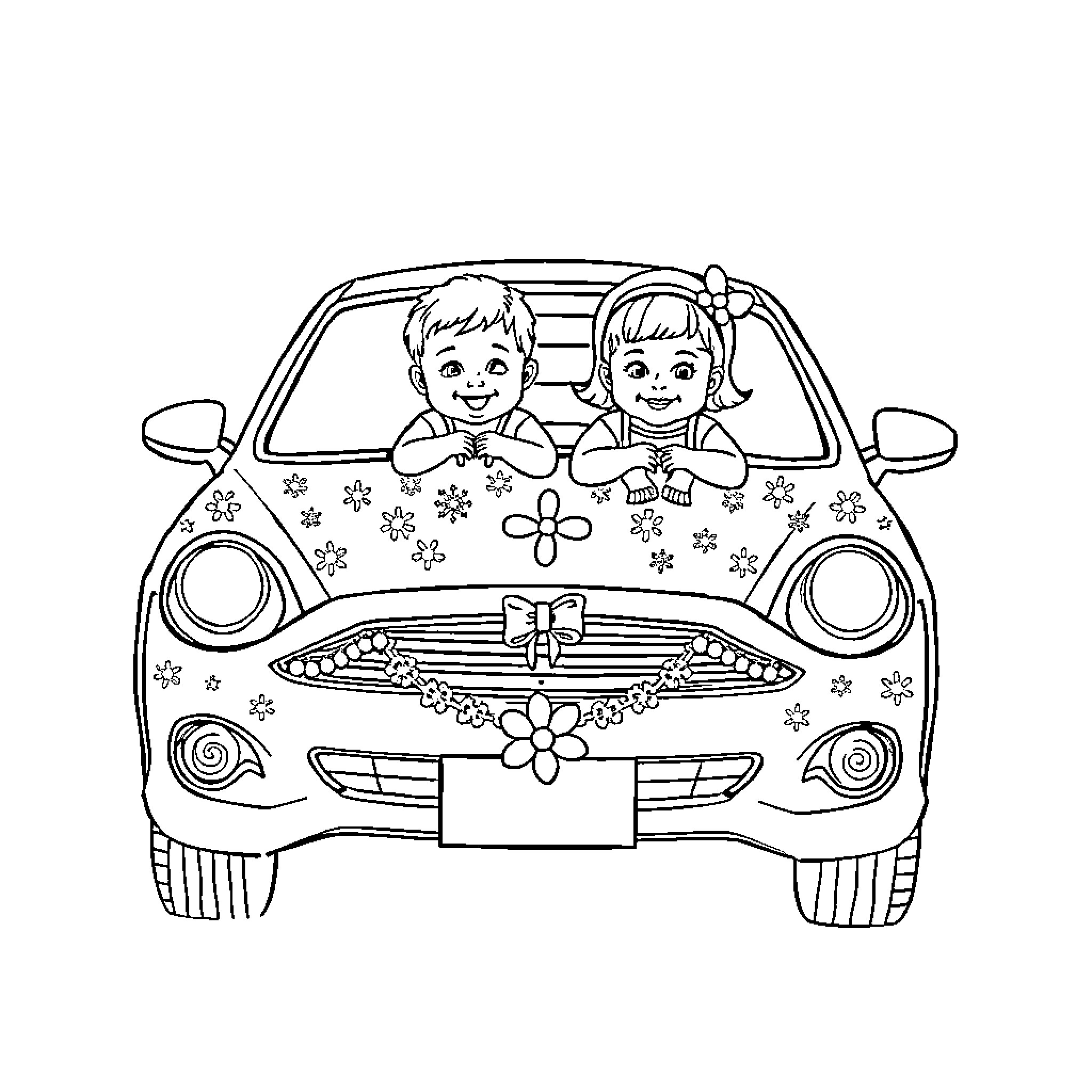 Car with children in decorative floral design Coloring Page (free black-and-white line drawing printable PDF for all, from beginners to advanced learners, including children, teens, adults, and seniors)