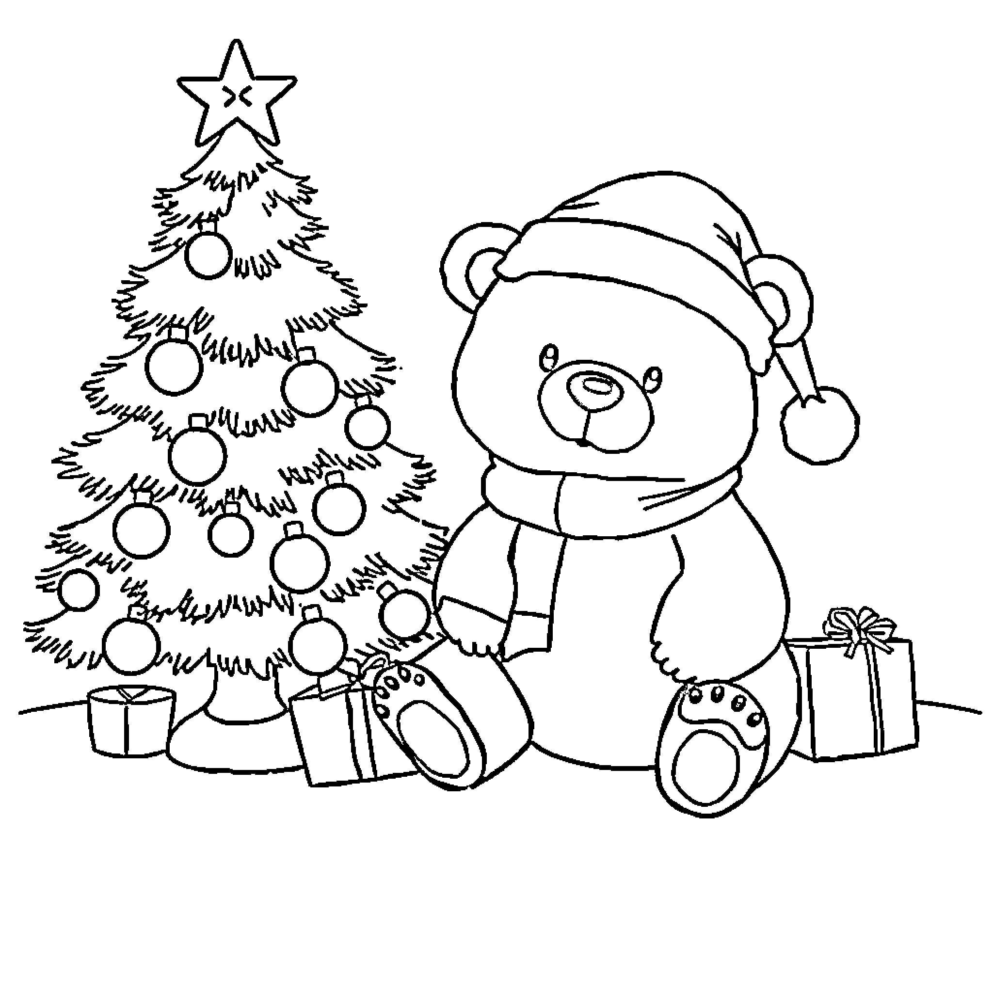 Bear decorating Christmas tree with gifts Coloring Page (free black-and-white line drawing printable PDF for all, from beginners to advanced learners, including children, teens, adults, and seniors)