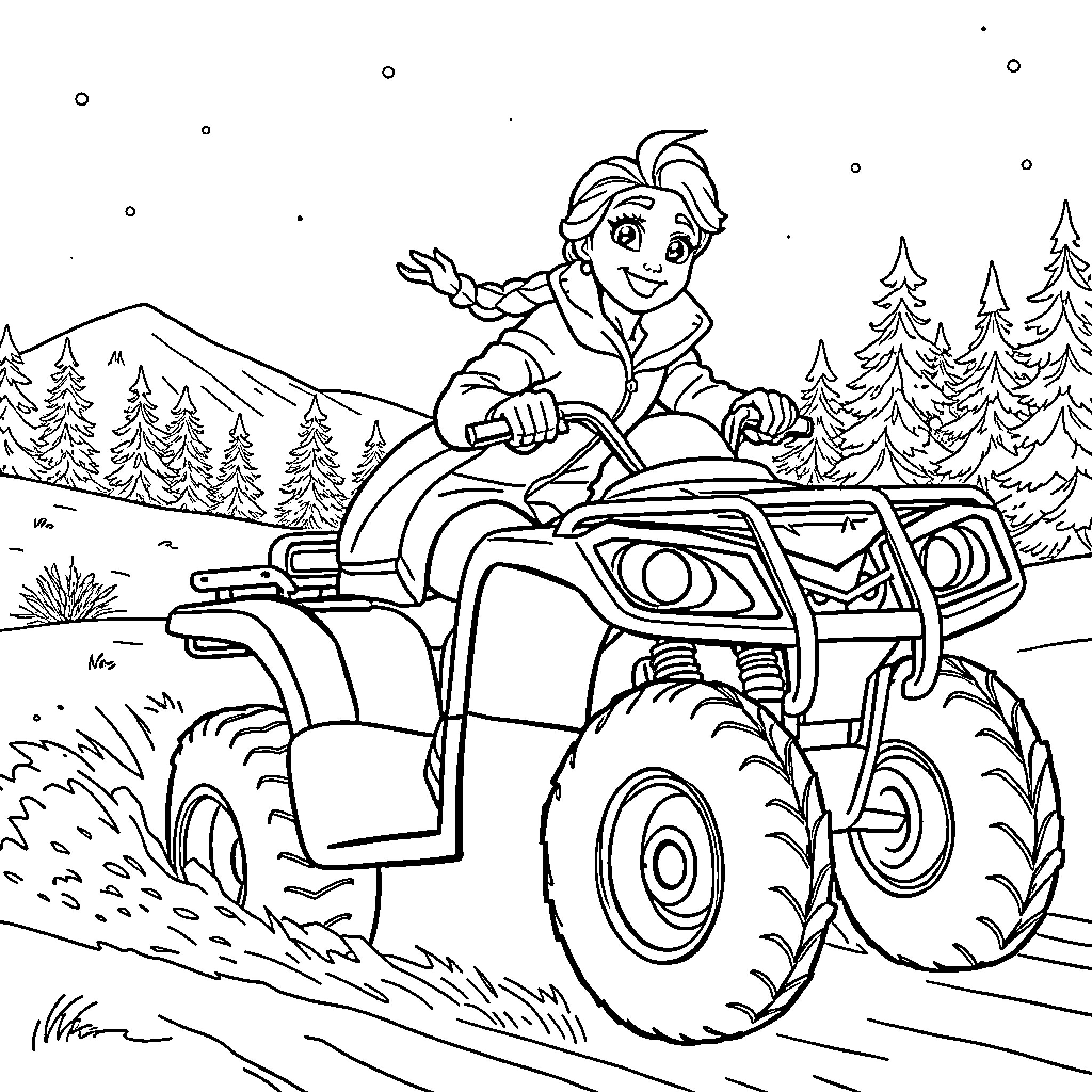 Elsa riding an all-terrain vehicle in the snowy landscape Coloring Page (free black-and-white line drawing printable PDF for all, from beginners to advanced learners, including children, teens, adults, and seniors)