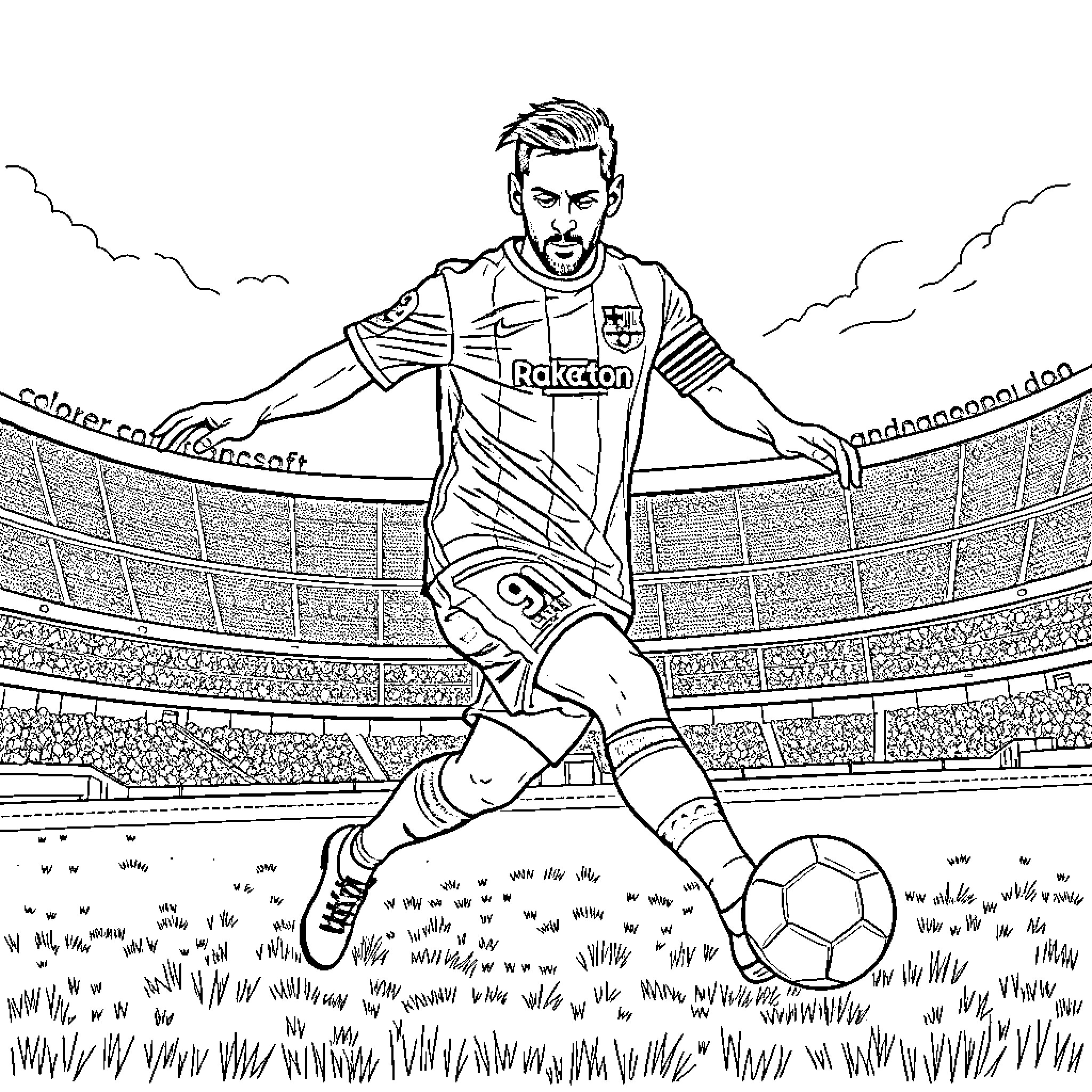 Leo Messi playing soccer in a stadium Coloring Page (free black-and-white line drawing printable PDF for all, from beginners to advanced learners, including children, teens, adults, and seniors)