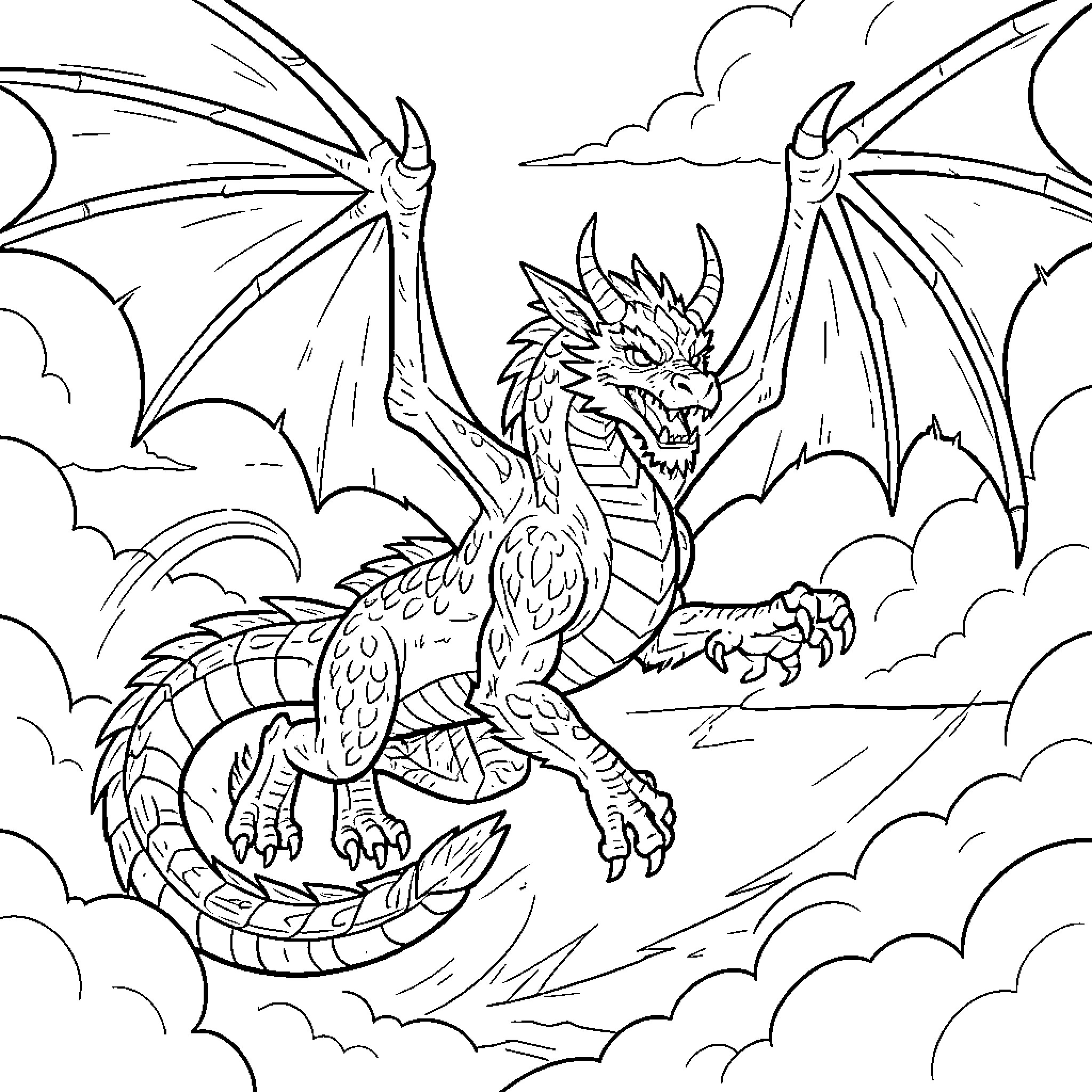 Dragon Ball style dragon flying through the clouds Coloring Page (free black-and-white line drawing printable PDF for all, from beginners to advanced learners, including children, teens, adults, and seniors)