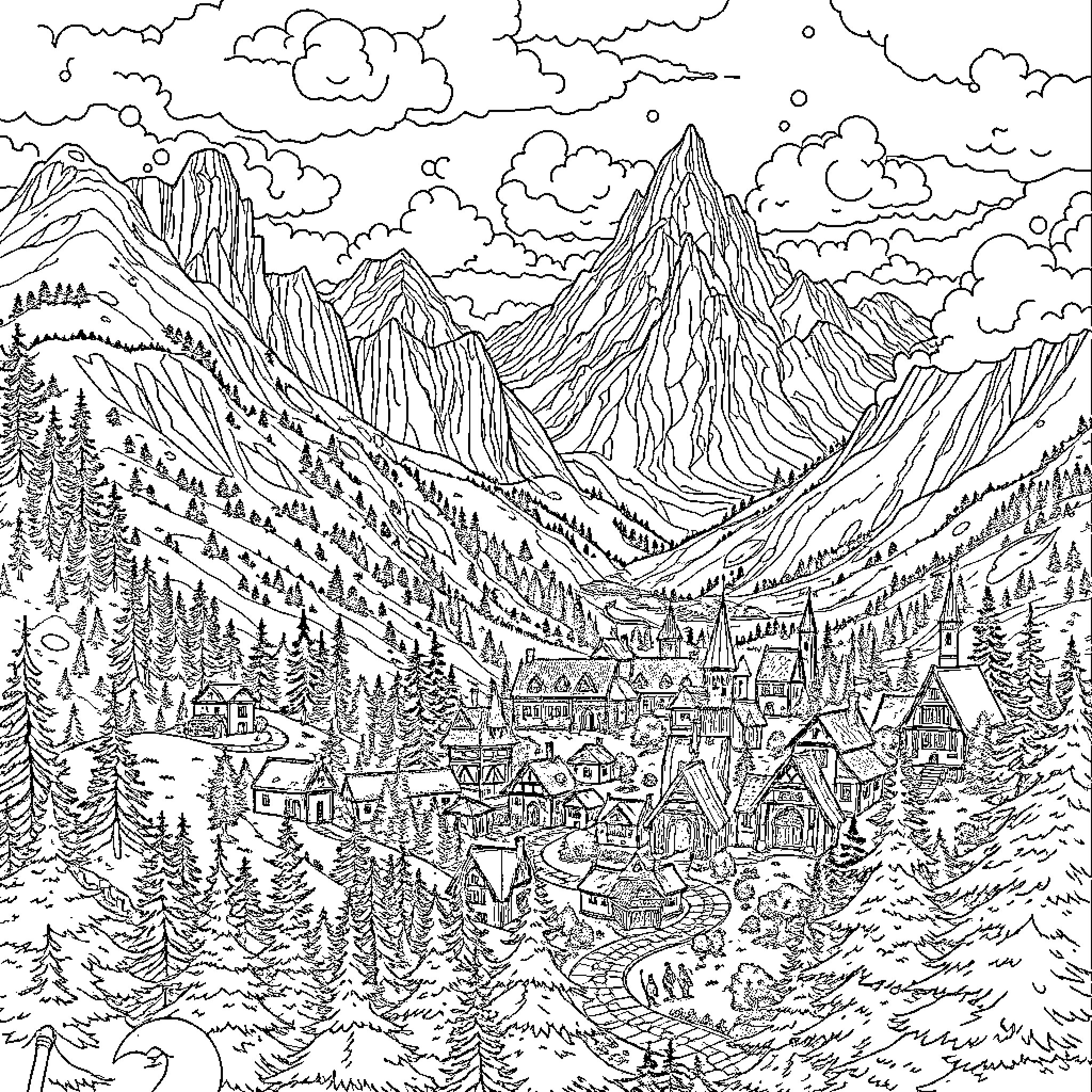 RuneScape Mountainous Fantasy Landscape Coloring Page (free black-and-white line drawing printable PDF for all, from beginners to advanced learners, including children, teens, adults, and seniors)