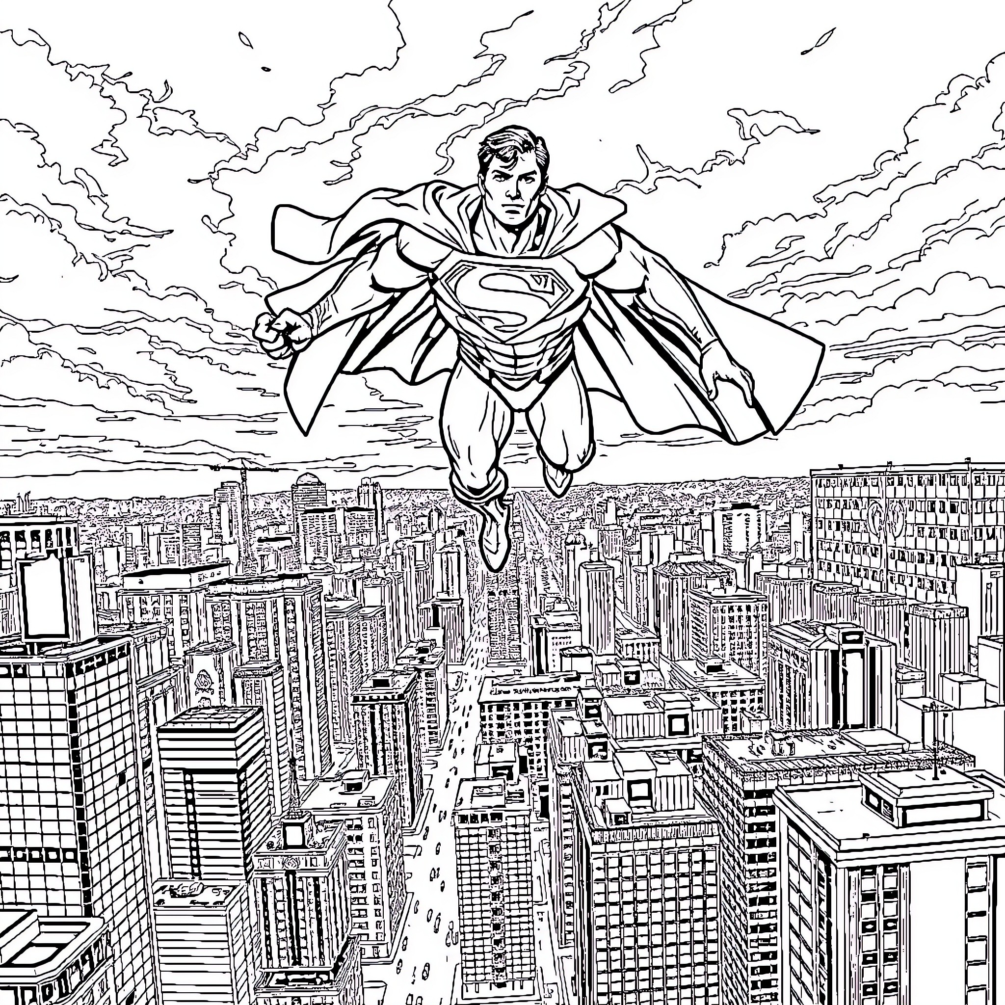 Superman soaring over the city in heroic pose Coloring Page (free black-and-white line drawing printable PDF for all, from beginners to advanced learners, including children, teens, adults, and seniors)