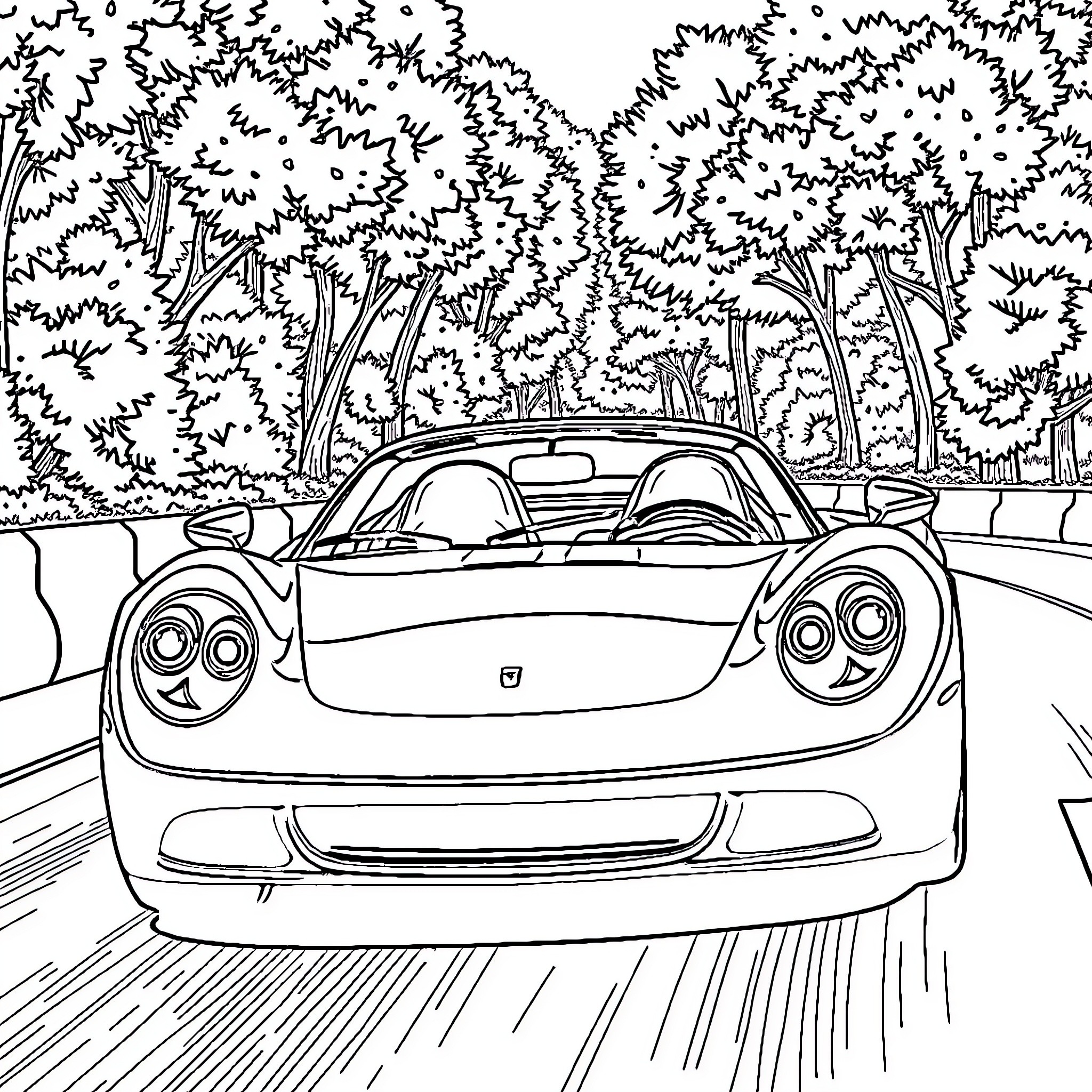 Sports Car Racing Through Lush Forests Coloring Page (free black-and-white line drawing printable PDF for all, from beginners to advanced learners, including children, teens, adults, and seniors)
