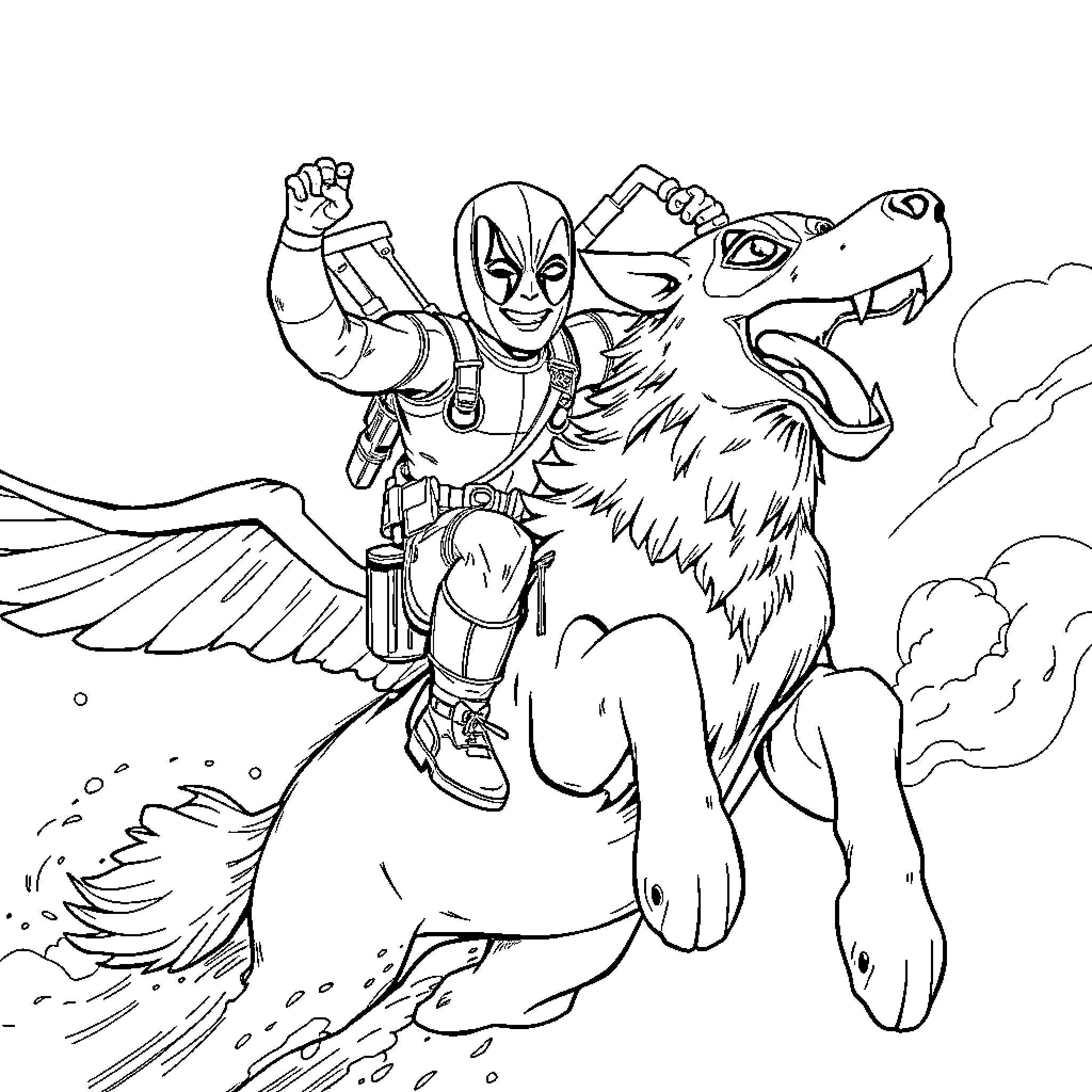 Deadpool's Heroic Ride on a Mythical Creature Coloring Page (free black-and-white line drawing printable PDF for all, from beginners to advanced learners, including children, teens, adults, and seniors)