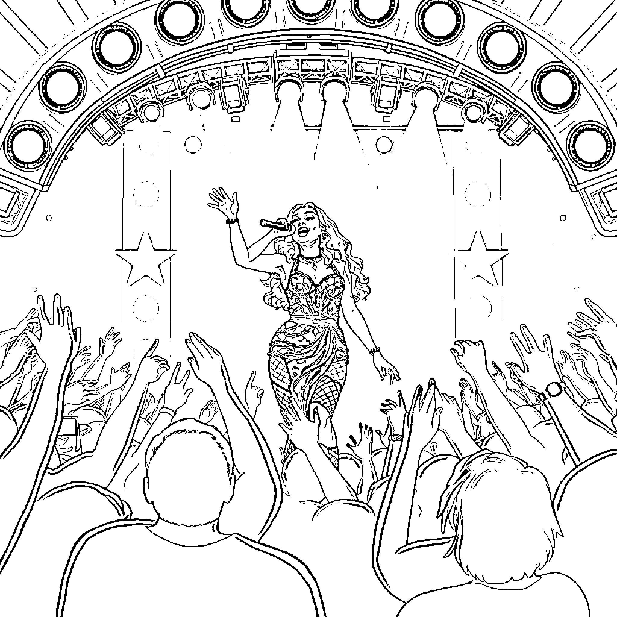 Lady Gaga Performing on Stage with Adoring Crowd Coloring Page (free black-and-white line drawing printable PDF for all, from beginners to advanced learners, including children, teens, adults, and seniors)