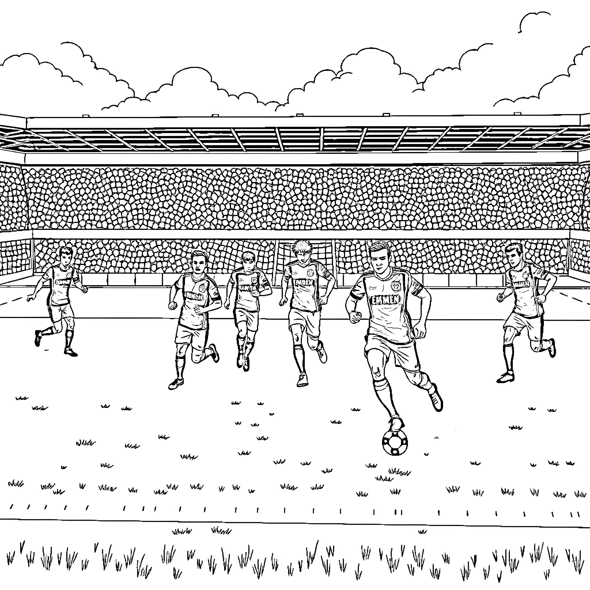 FC Emmen players in action on the football pitch Coloring Page (free black-and-white line drawing printable PDF for all, from beginners to advanced learners, including children, teens, adults, and seniors)