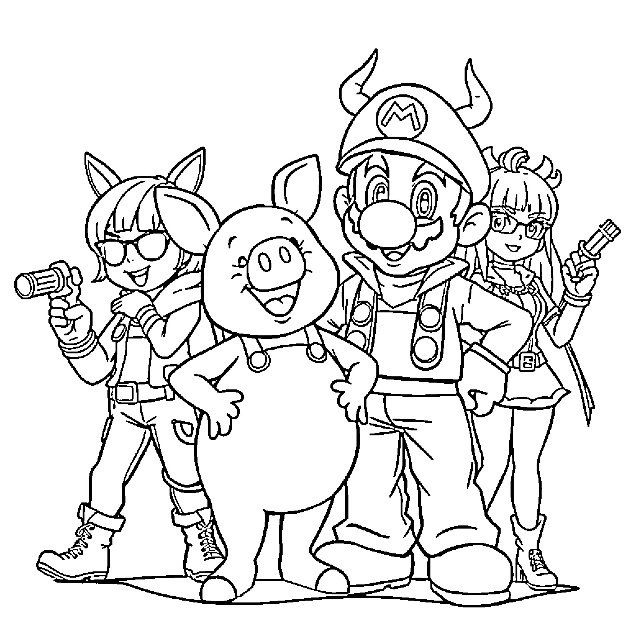 Pepper Pig characters in a playful adventure Coloring Page (free black-and-white line drawing printable PDF for all, from beginners to advanced learners, including children, teens, adults, and seniors)
