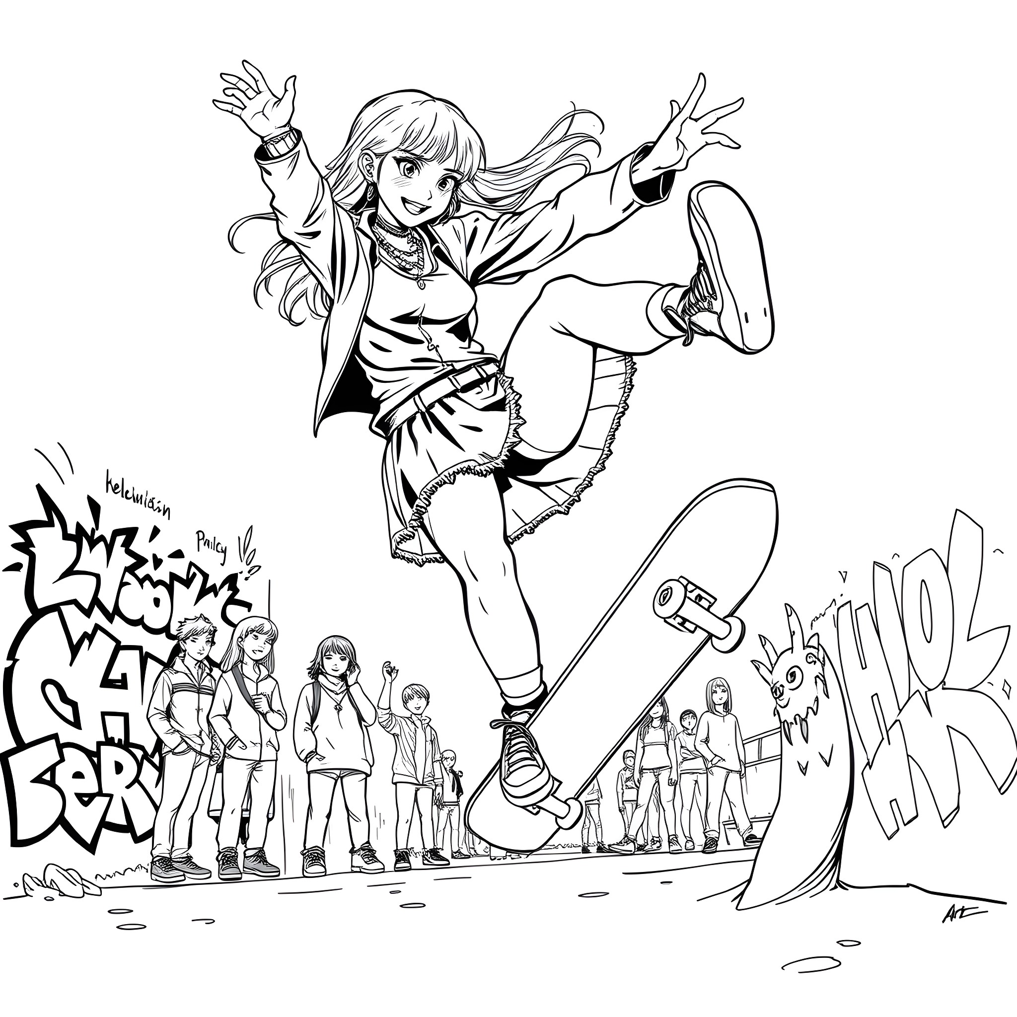 Goth Girl Excitedly Performing Skateboard Tricks Coloring Page (free black-and-white line drawing printable PDF for all, from beginners to advanced learners, including children, teens, adults, and seniors)