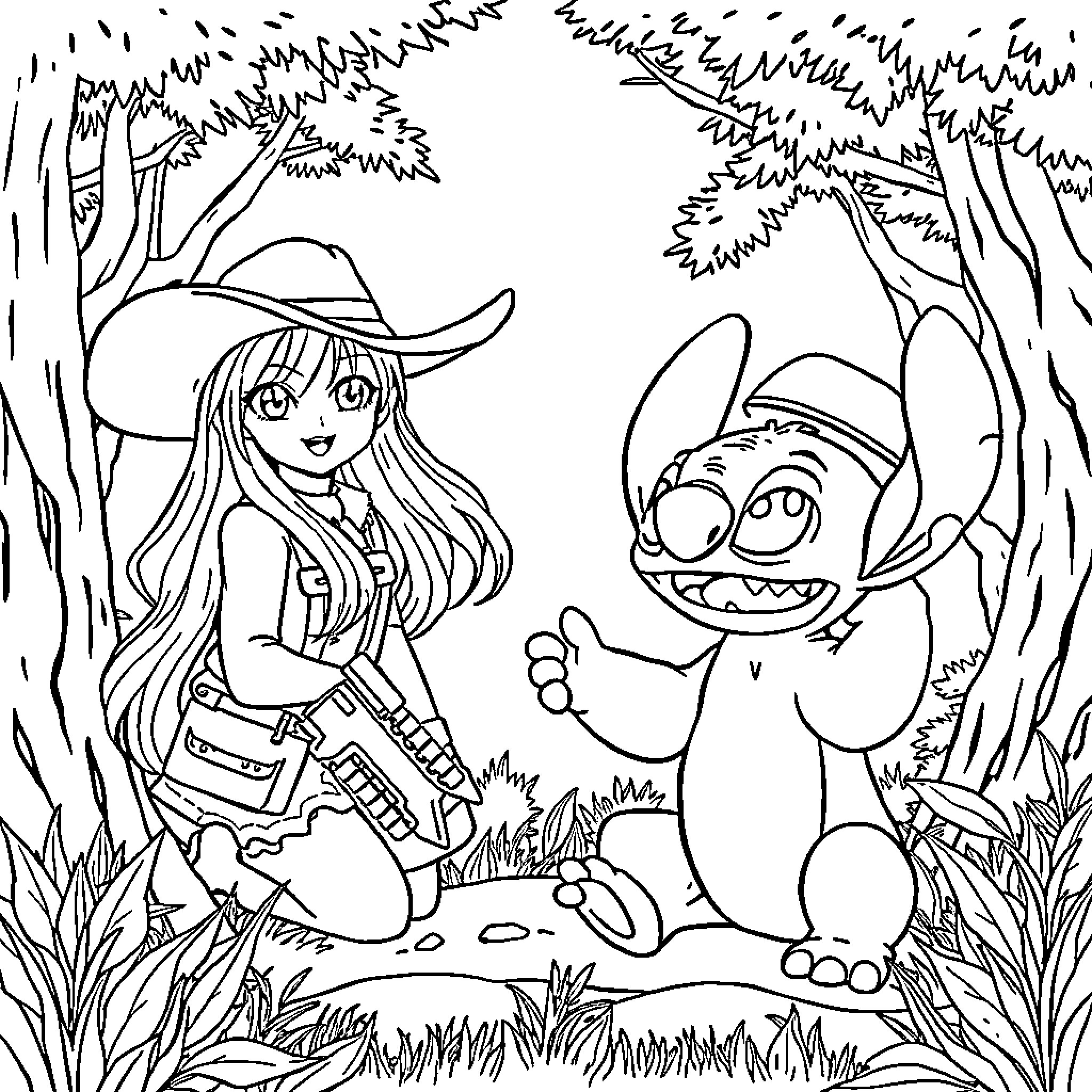 Huntrix's Playful Adventure in the Enchanted Forest Coloring Page (free black-and-white line drawing printable PDF for all, from beginners to advanced learners, including children, teens, adults, and seniors)