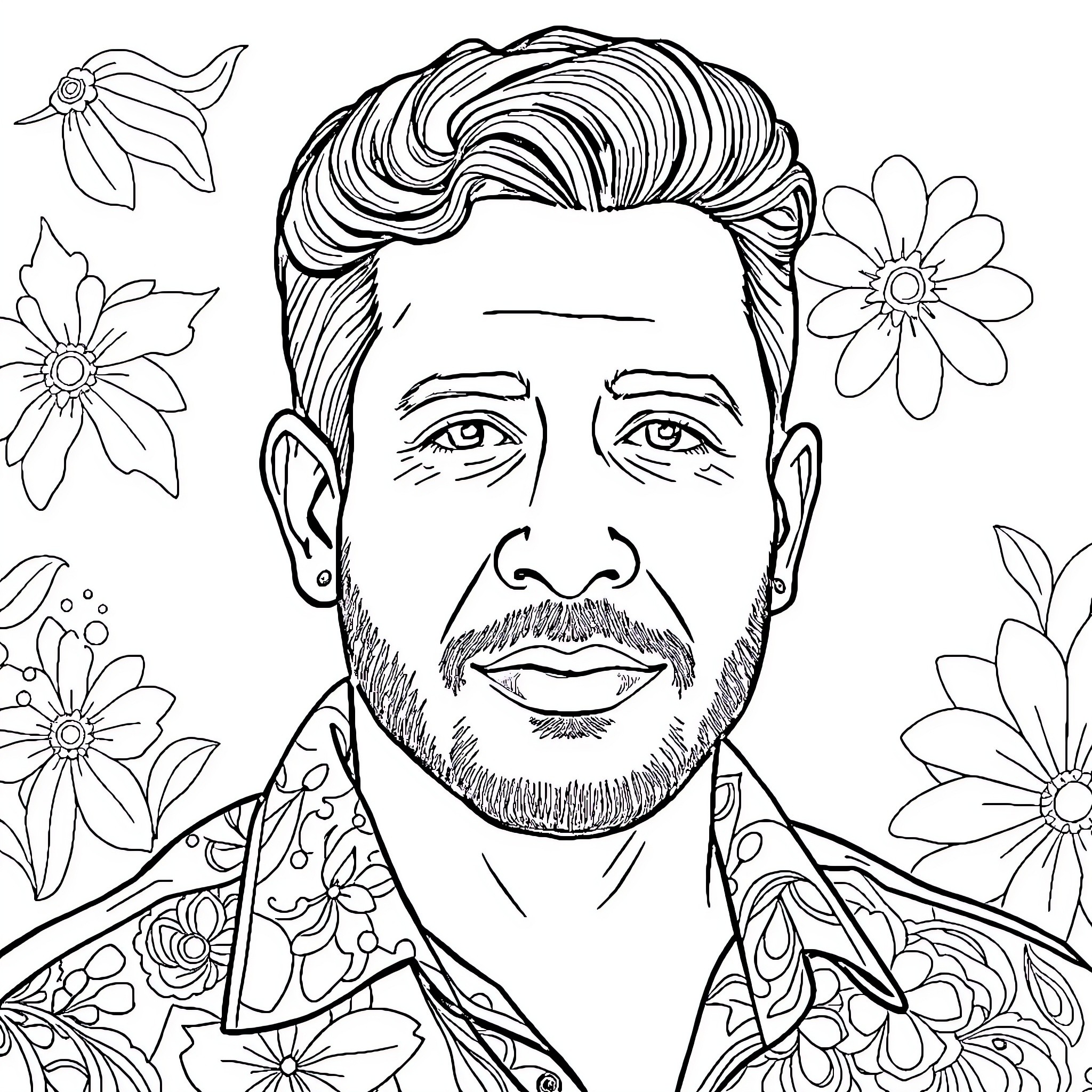 Jose Carlos Expressing Joy in Floral Surroundings Coloring Page (free black-and-white line drawing printable PDF for all, from beginners to advanced learners, including children, teens, adults, and seniors)