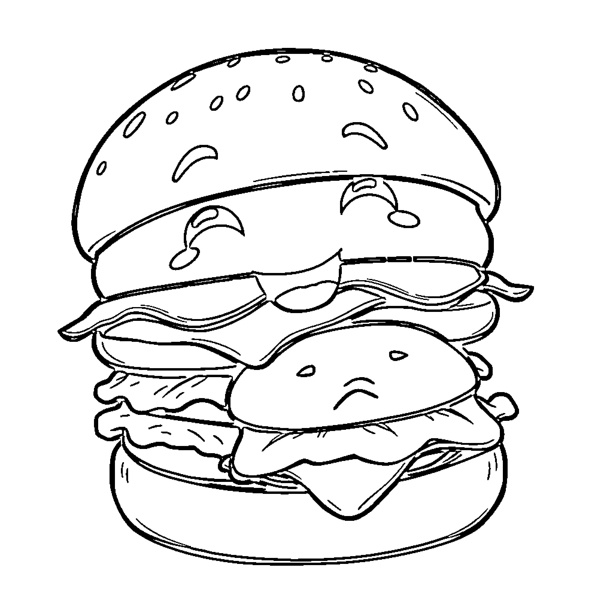 Hamburger with an exaggerated and playful design Coloring Page (free black-and-white line drawing printable PDF for all, from beginners to advanced learners, including children, teens, adults, and seniors)
