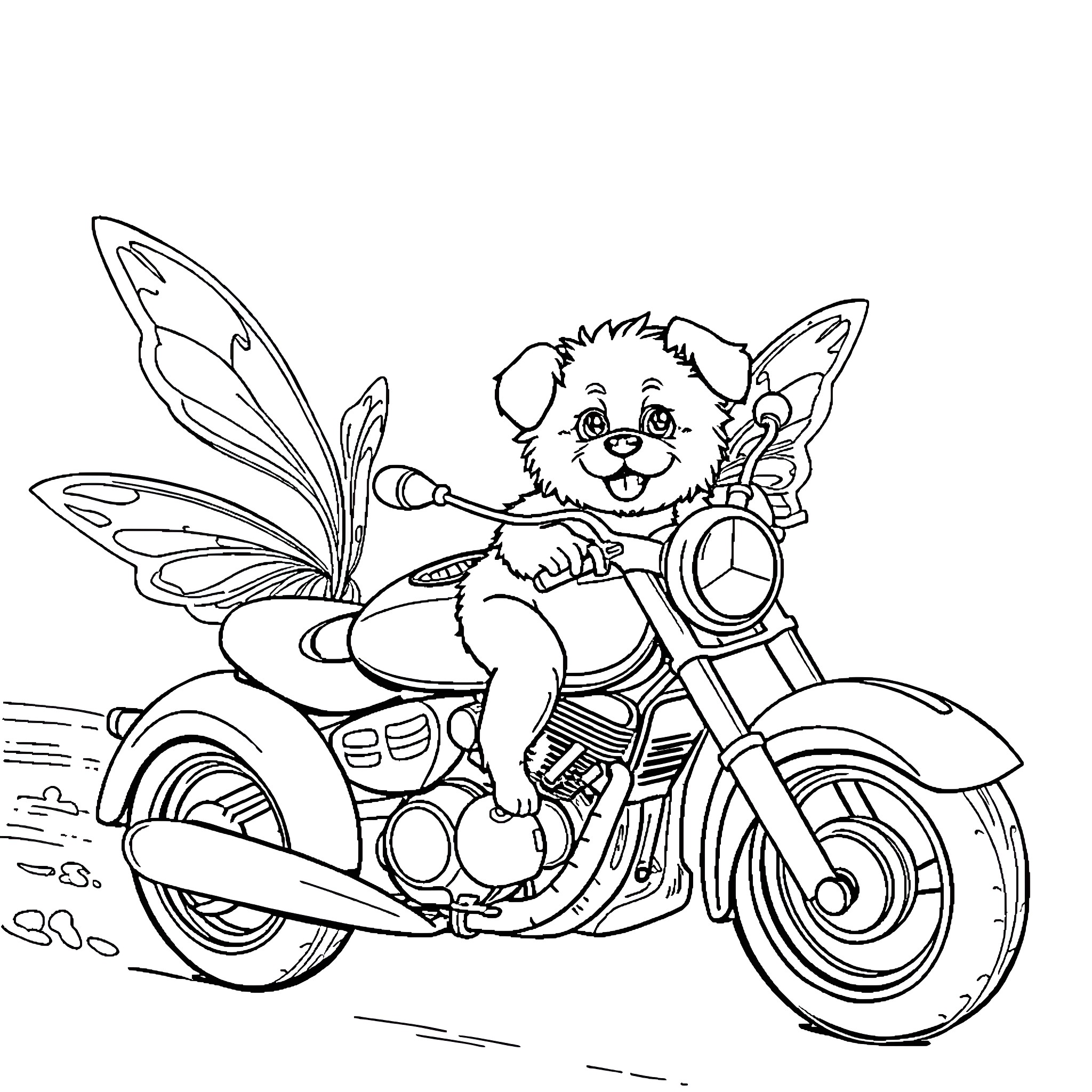 Puppy riding a motorcycle happily Coloring Page (free black-and-white line drawing printable PDF for all, from beginners to advanced learners, including children, teens, adults, and seniors)