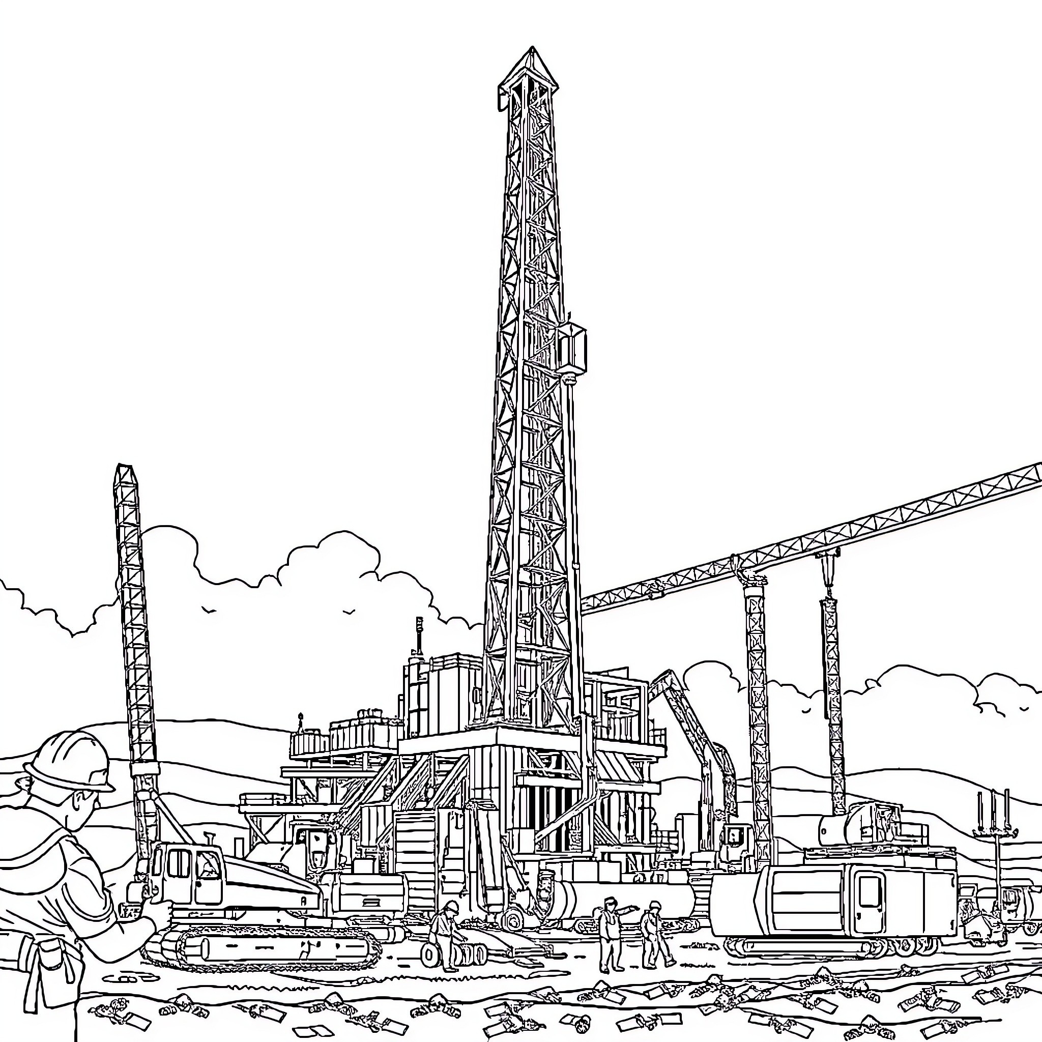 Drilling Rig in Construction Site with Workers Coloring Page (free black-and-white line drawing printable PDF for all, from beginners to advanced learners, including children, teens, adults, and seniors)