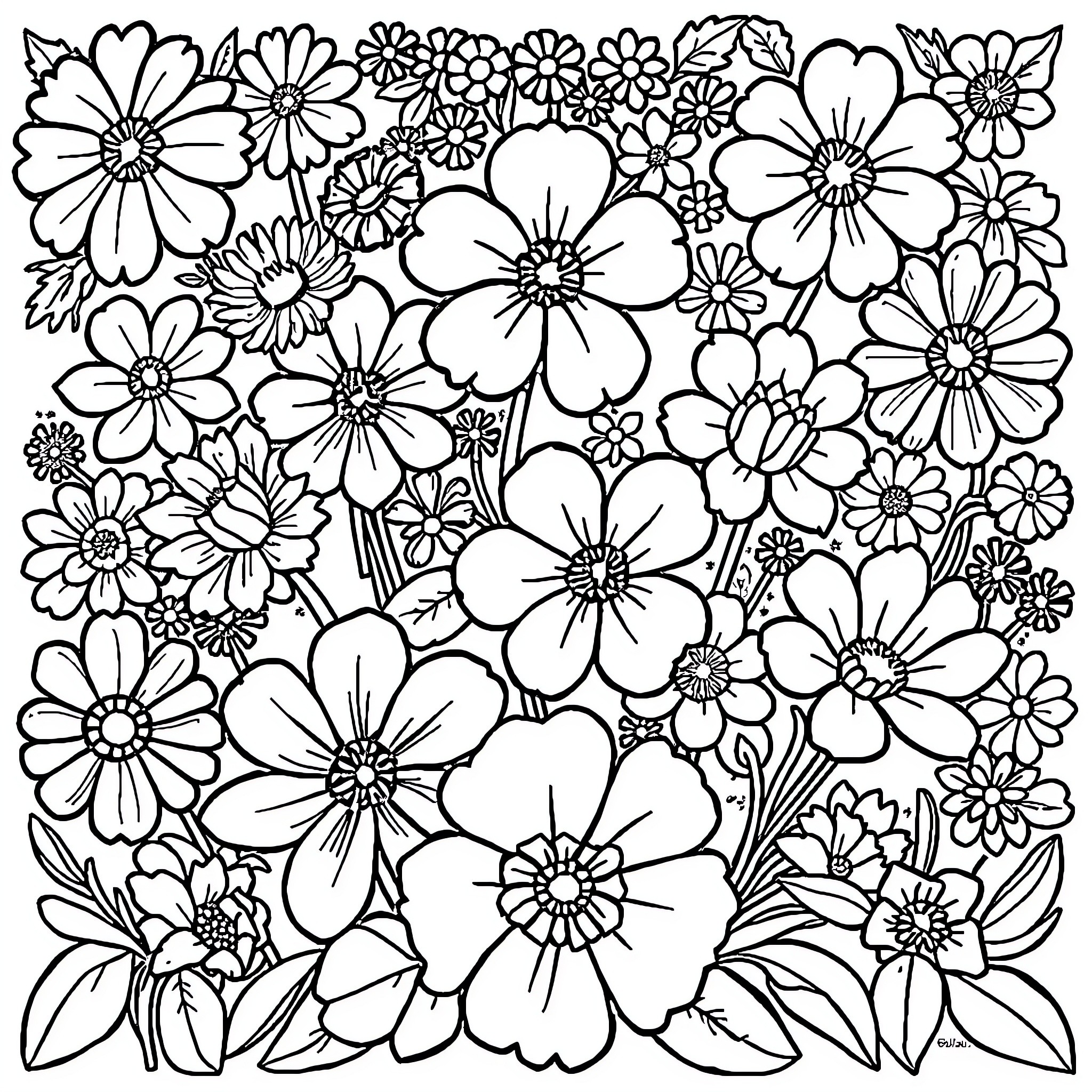 Flower garden of blooming floral designs Coloring Page (free black-and-white line drawing printable PDF for all, from beginners to advanced learners, including children, teens, adults, and seniors)