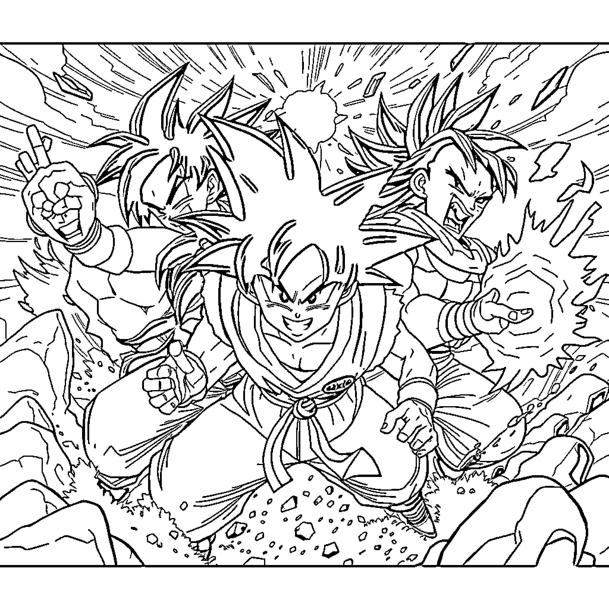 Dragon Ball Z Characters in Epic Battle Coloring Page (free black-and-white line drawing printable PDF for all, from beginners to advanced learners, including children, teens, adults, and seniors)