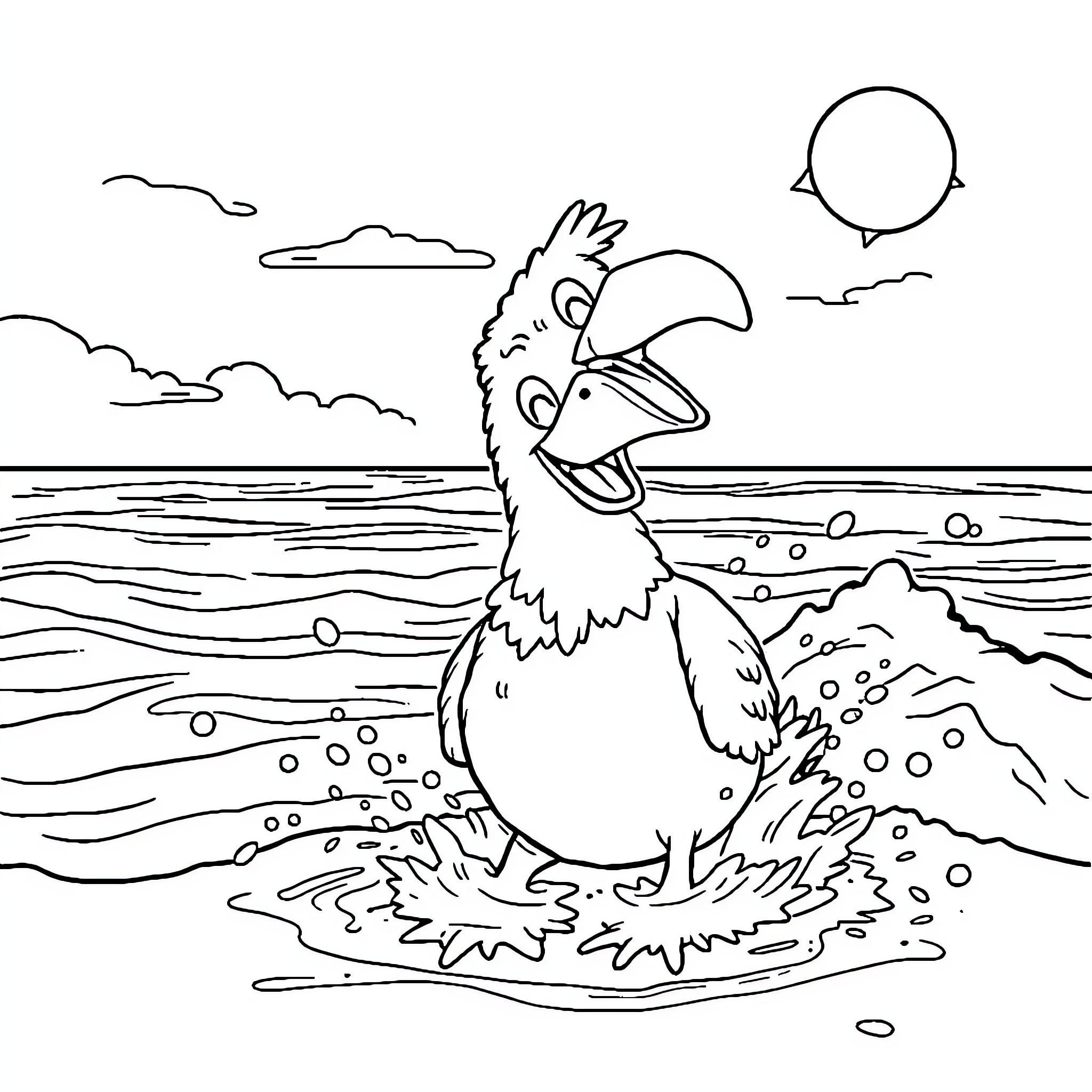 Dodo splashing joyfully in the ocean Coloring Page (free black-and-white line drawing printable PDF for all, from beginners to advanced learners, including children, teens, adults, and seniors)