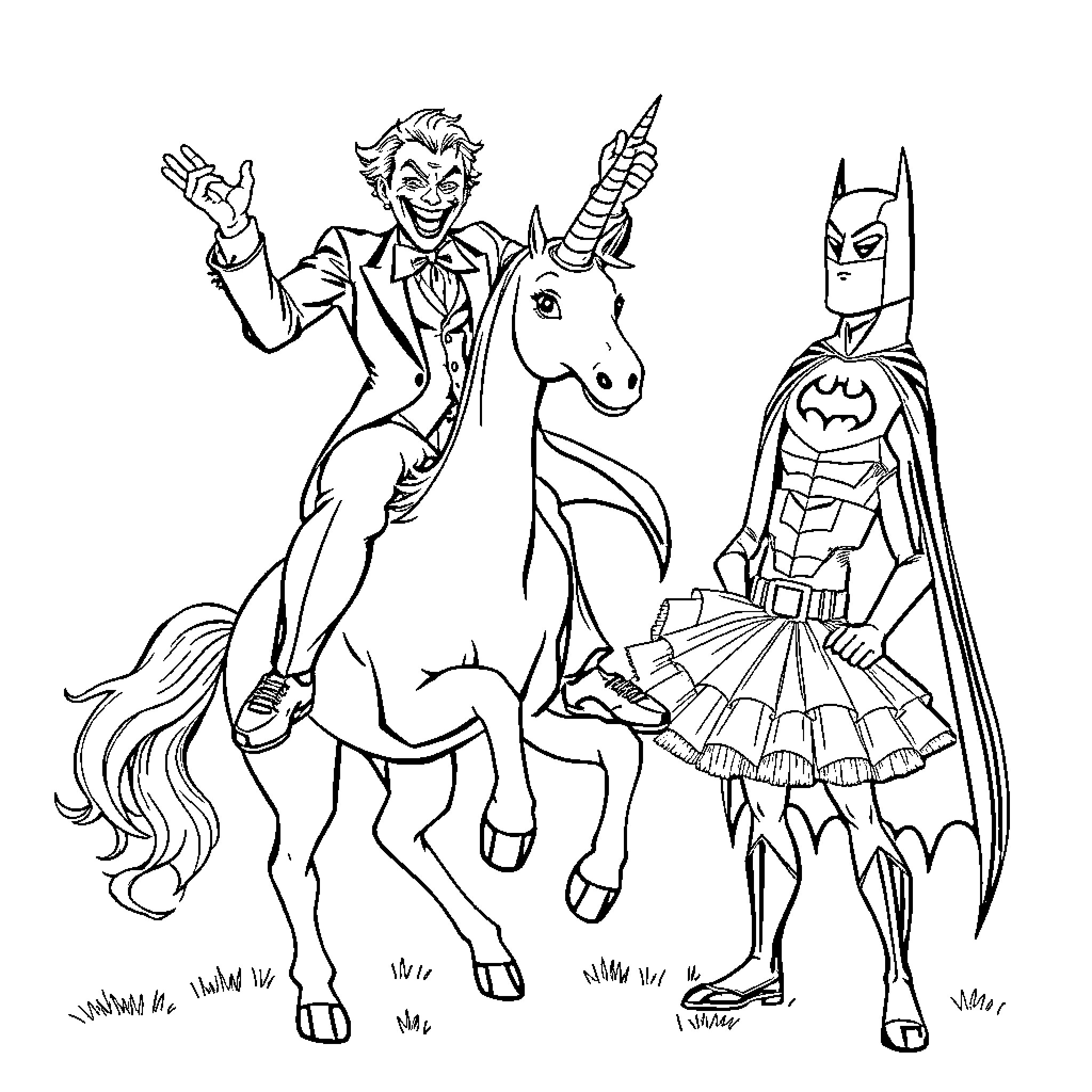 Joker riding a unicorn and facing off against Batman Coloring Page (free black-and-white line drawing printable PDF for all, from beginners to advanced learners, including children, teens, adults, and seniors)