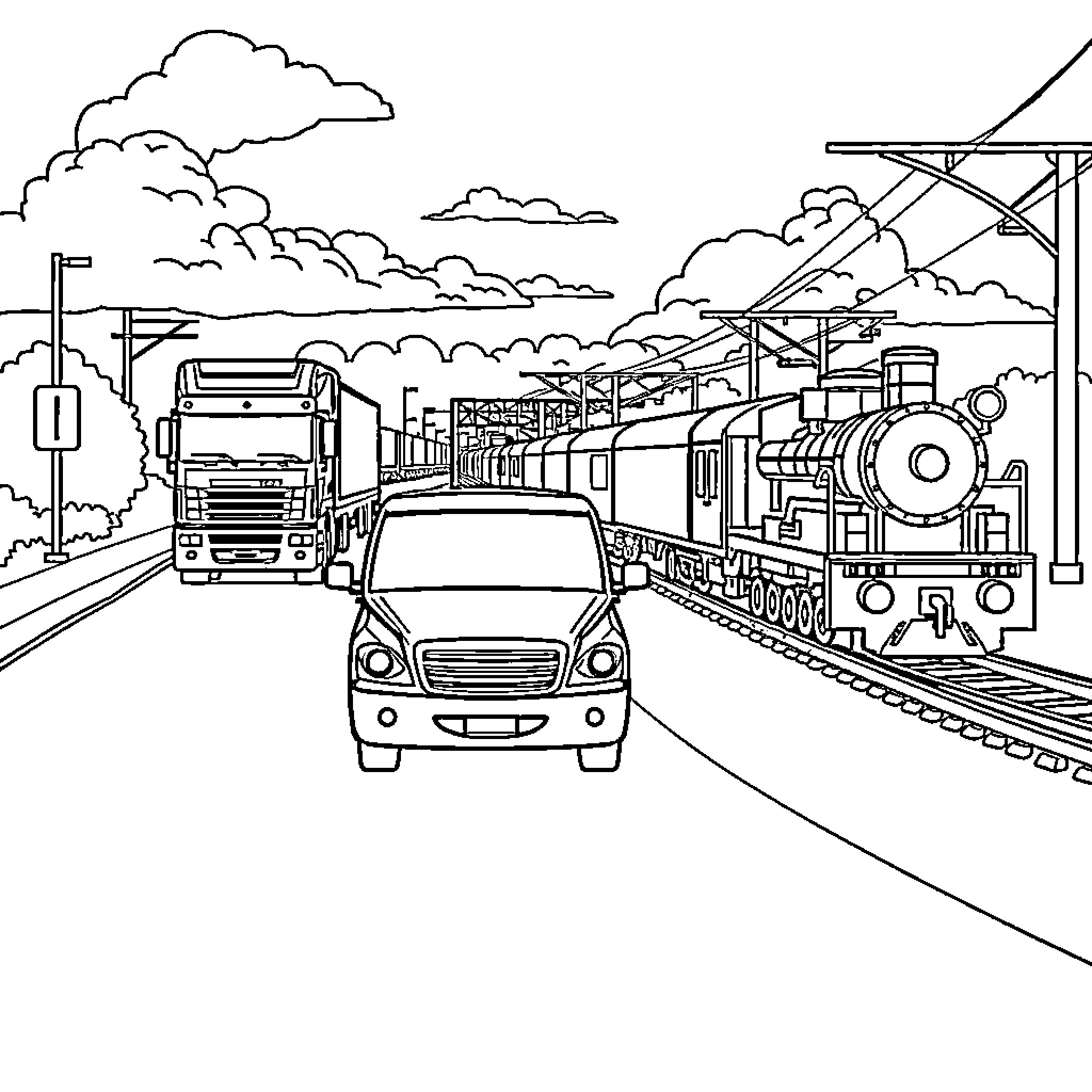 Vehicle traffic and rail transportation on busy road Coloring Page (free black-and-white line drawing printable PDF for all, from beginners to advanced learners, including children, teens, adults, and seniors)