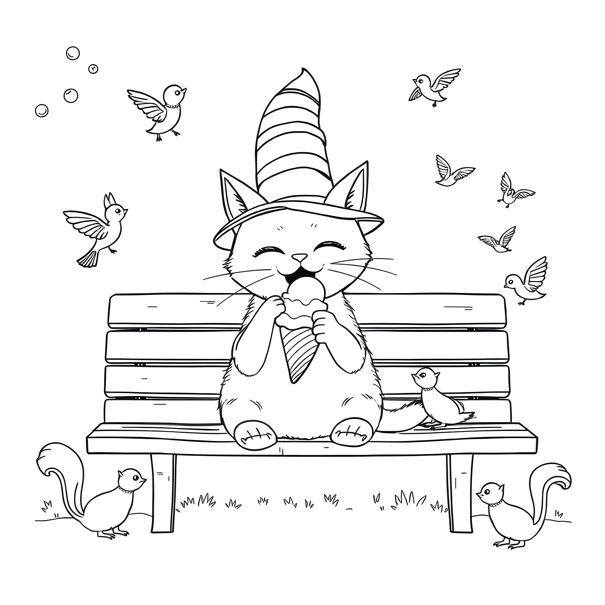 Cat enjoying a whimsical moment on a park bench Coloring Page (free black-and-white line drawing printable PDF for all, from beginners to advanced learners, including children, teens, adults, and seniors)