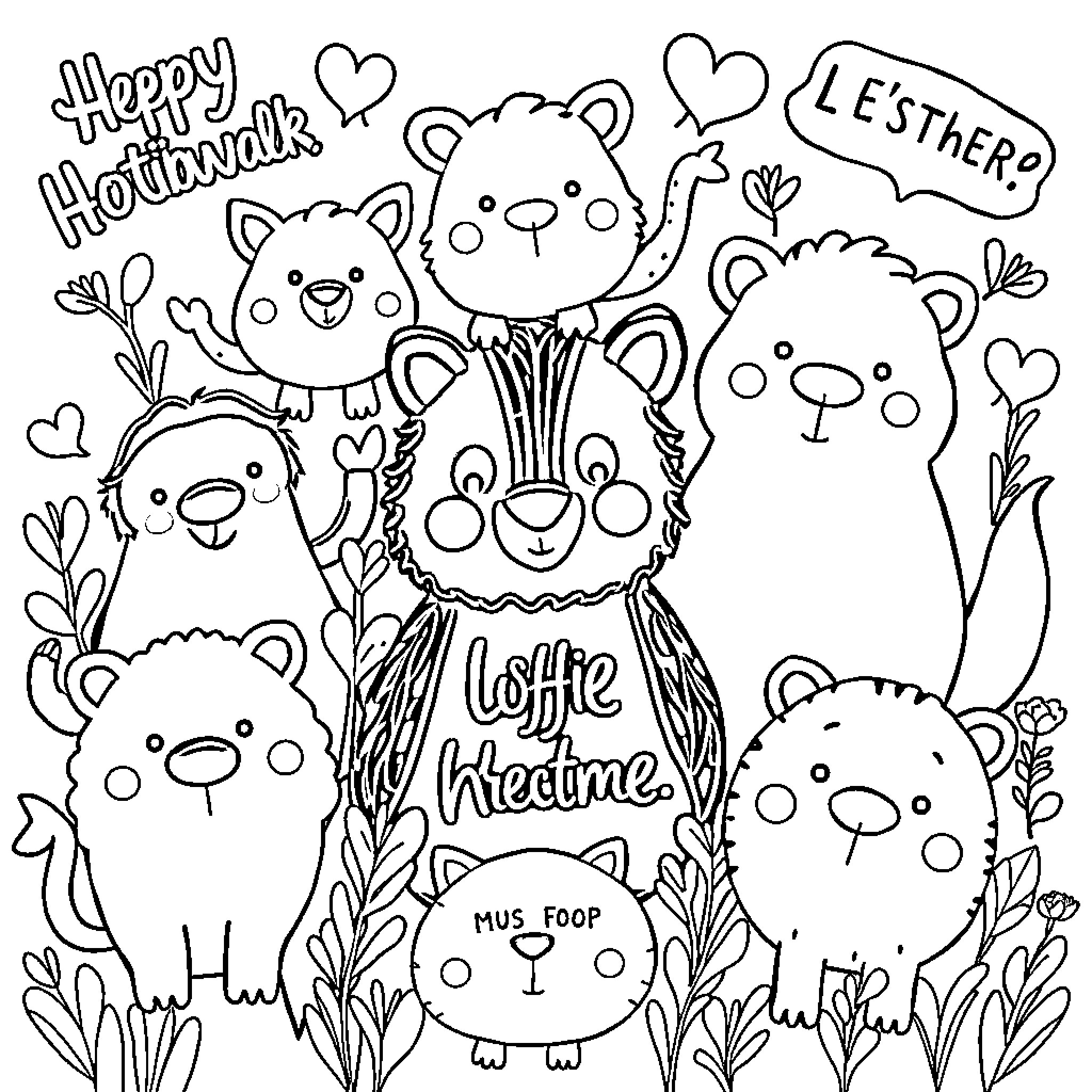 Animal friends celebrate Heartwalks Coloring Page (free black-and-white line drawing printable PDF for all, from beginners to advanced learners, including children, teens, adults, and seniors)