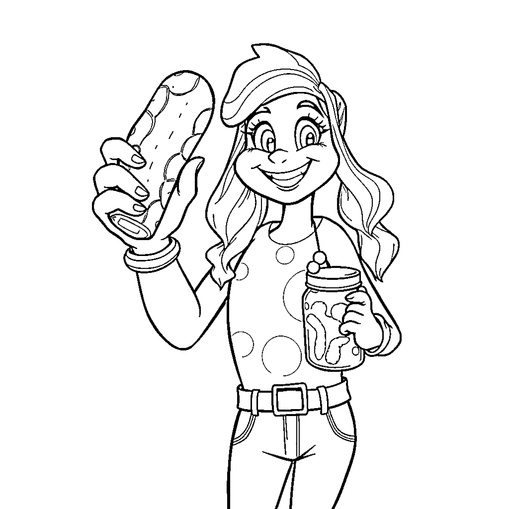 Huntrix Showing Excitement with Colorful Costume Coloring Page (free black-and-white line drawing printable PDF for all, from beginners to advanced learners, including children, teens, adults, and seniors)