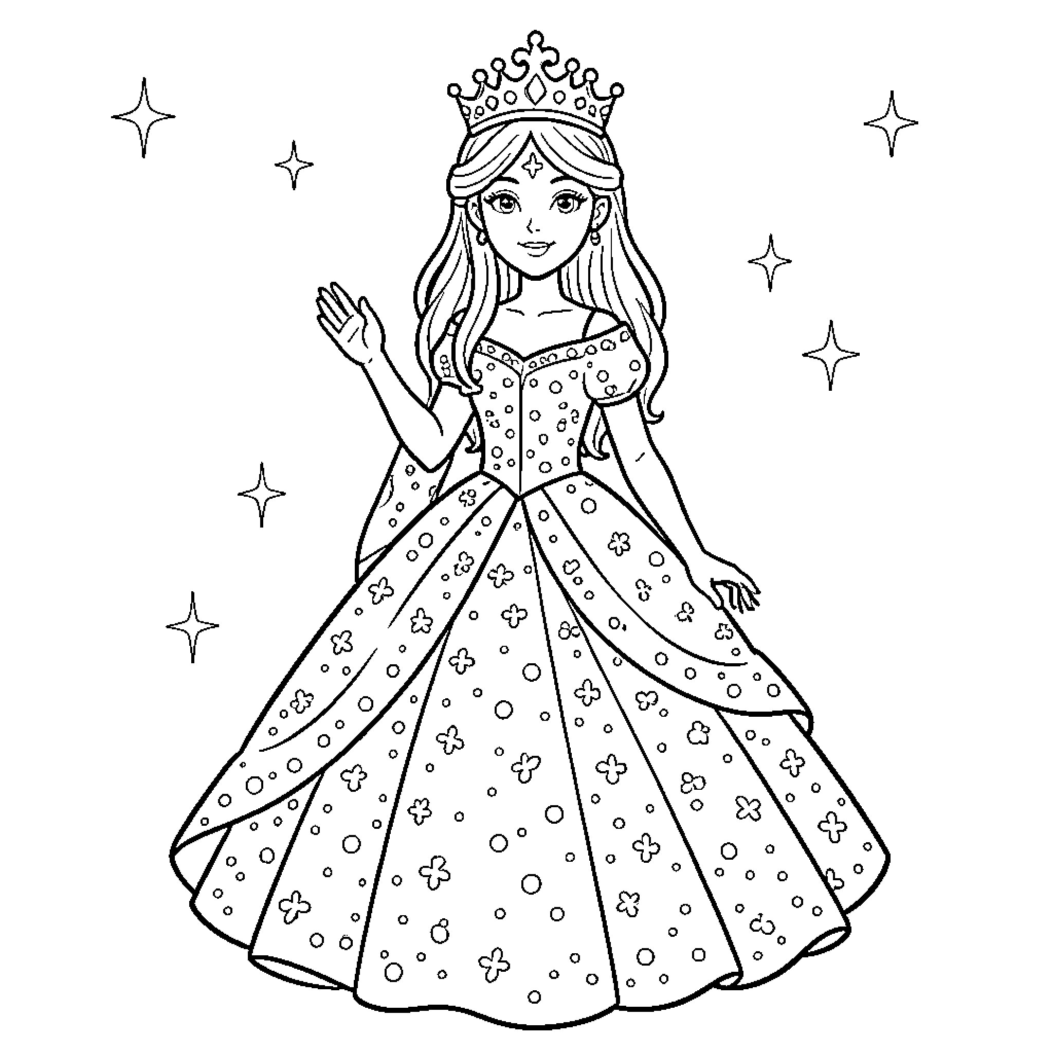 Princess Waving Gracefully in Elegant Gown Coloring Page (free black-and-white line drawing printable PDF for all, from beginners to advanced learners, including children, teens, adults, and seniors)
