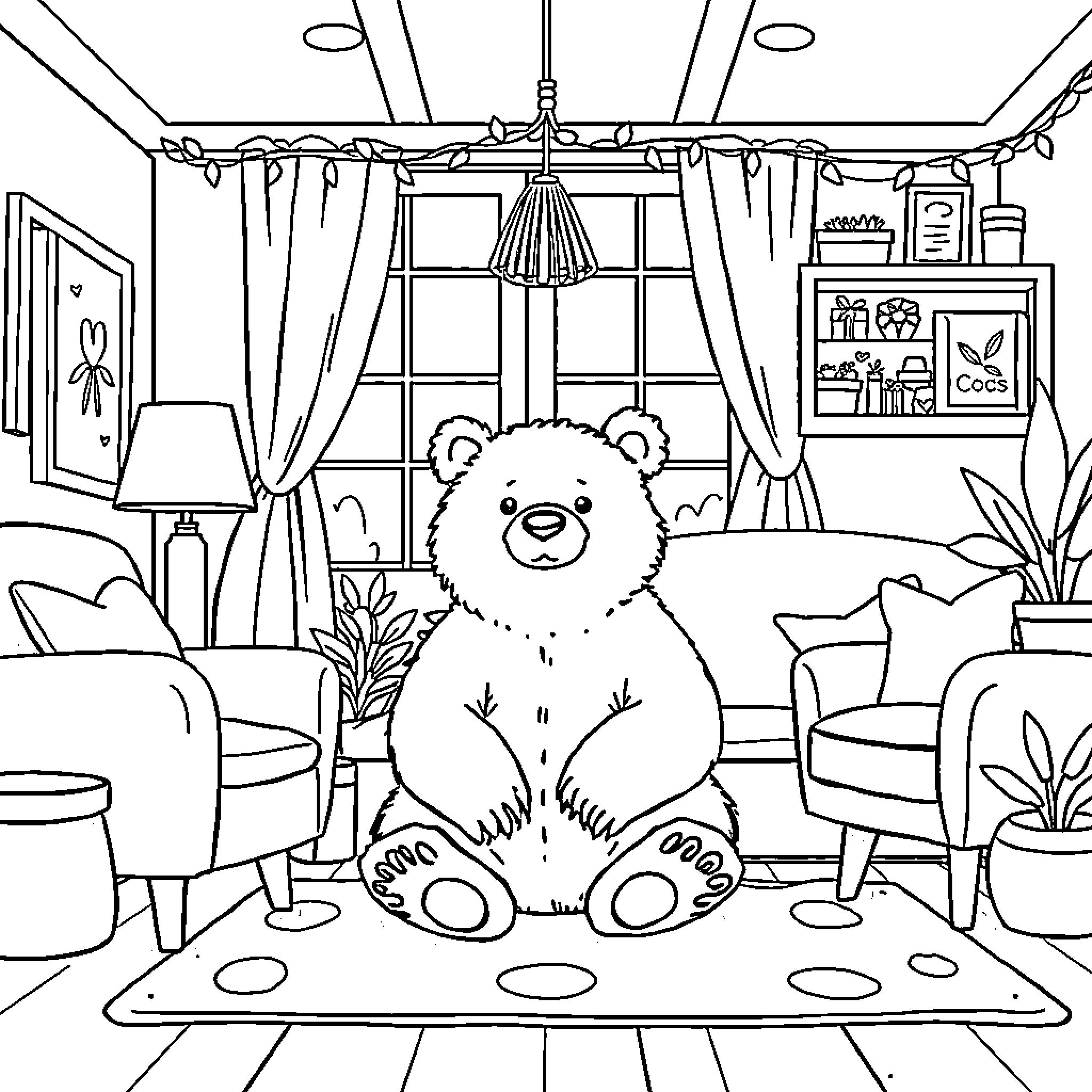 Bear relaxing in a cozy home interior Coloring Page (free black-and-white line drawing printable PDF for all, from beginners to advanced learners, including children, teens, adults, and seniors)