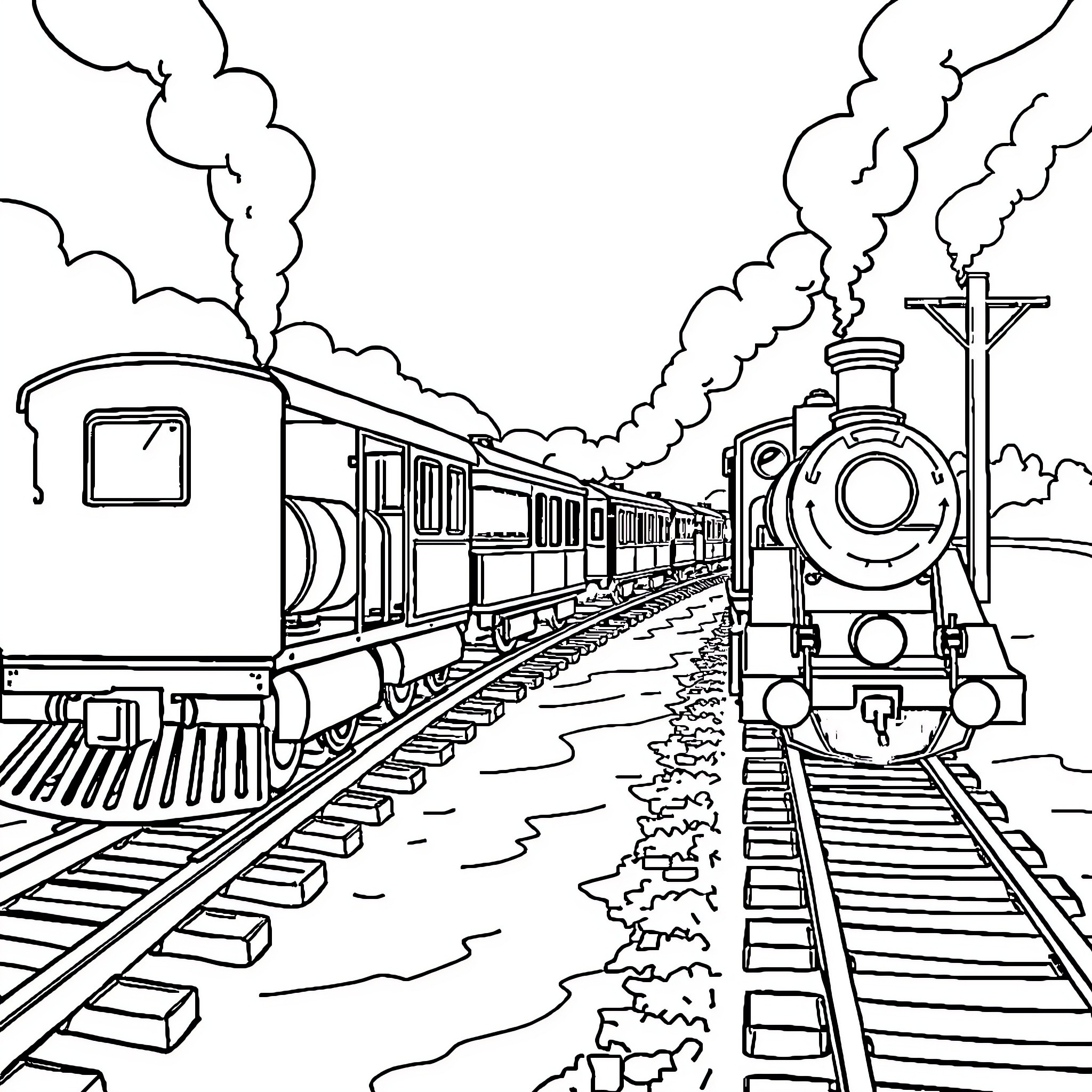Train Passing Through Scenic Railway Landscape Coloring Page (free black-and-white line drawing printable PDF for all, from beginners to advanced learners, including children, teens, adults, and seniors)
