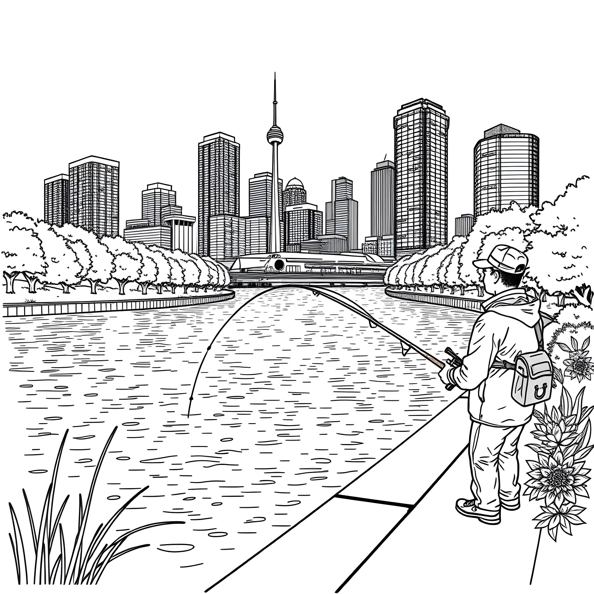 Fishing in the urban waterfront Coloring Page (free black-and-white line drawing printable PDF for all, from beginners to advanced learners, including children, teens, adults, and seniors)