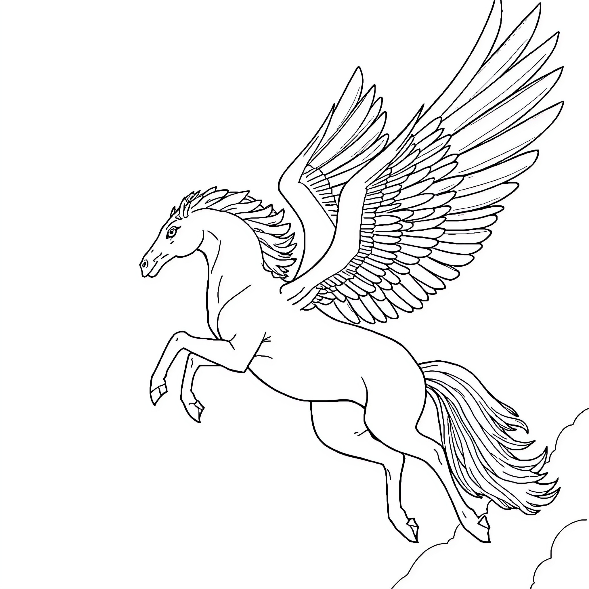 Pegasus soaring with graceful wings Coloring Page (free black-and-white line drawing printable PDF for all, from beginners to advanced learners, including children, teens, adults, and seniors)