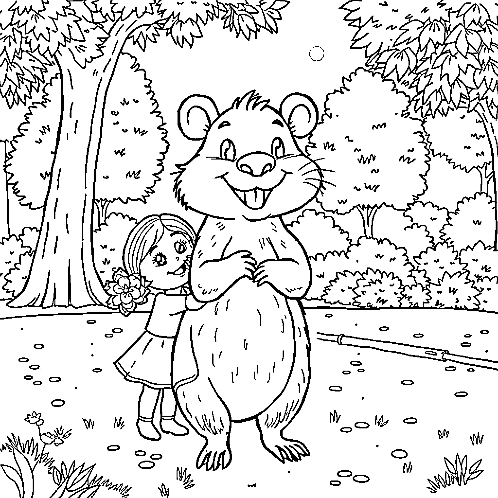 Capybara and Child in Enchanted Forest Coloring Page (free black-and-white line drawing printable PDF for all, from beginners to advanced learners, including children, teens, adults, and seniors)