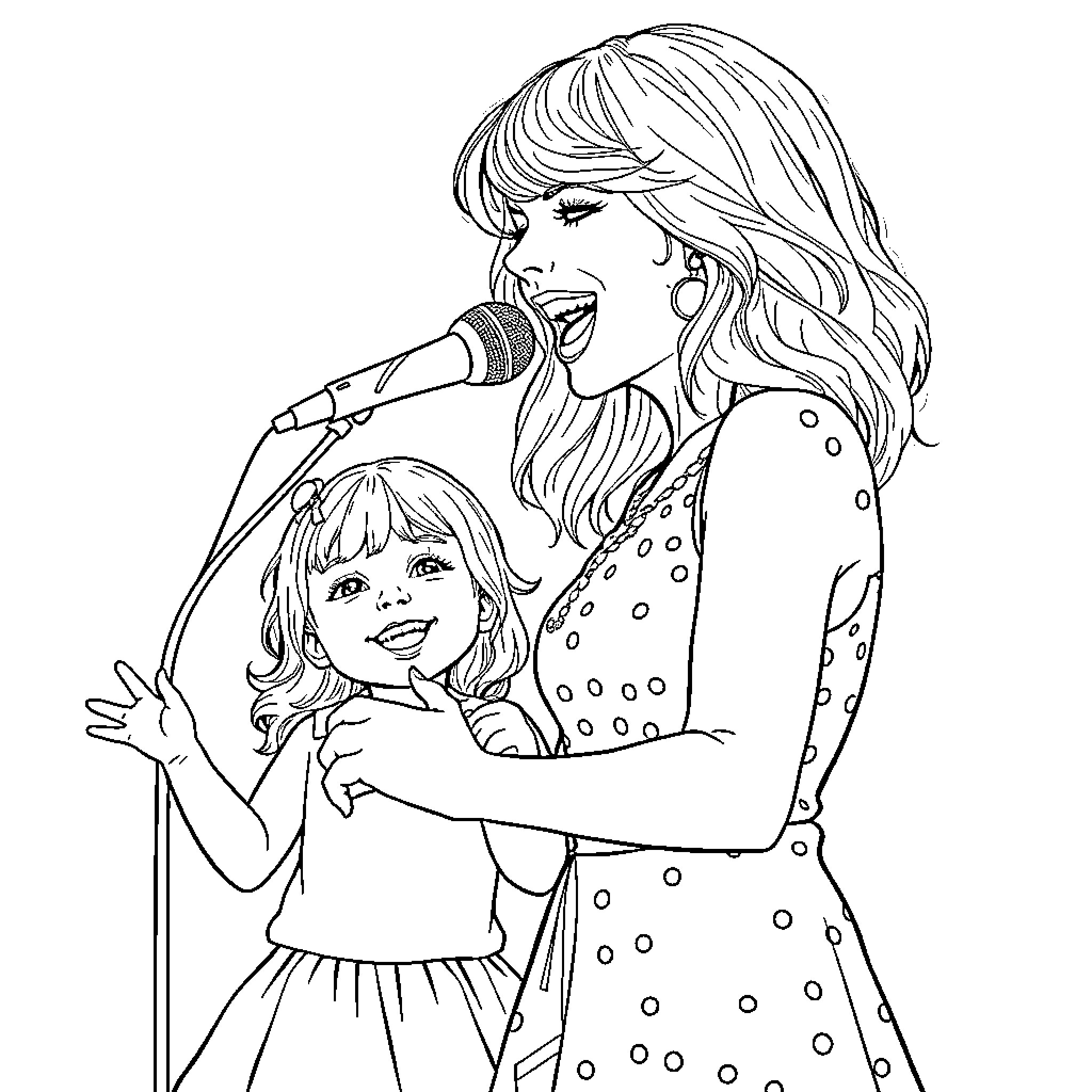 Taylor Swift performing with young fan on stage Coloring Page (free black-and-white line drawing printable PDF for all, from beginners to advanced learners, including children, teens, adults, and seniors)