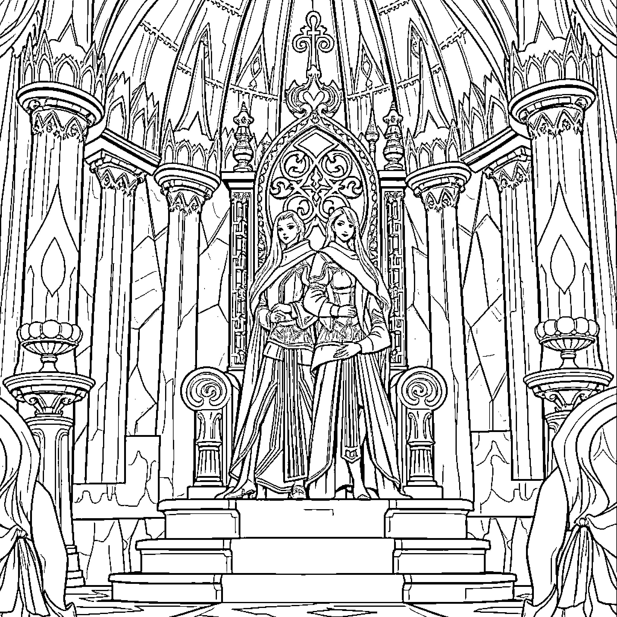 Aelin's Majestic Throne in the Ethereal Cathedral Coloring Page (free black-and-white line drawing printable PDF for all, from beginners to advanced learners, including children, teens, adults, and seniors)