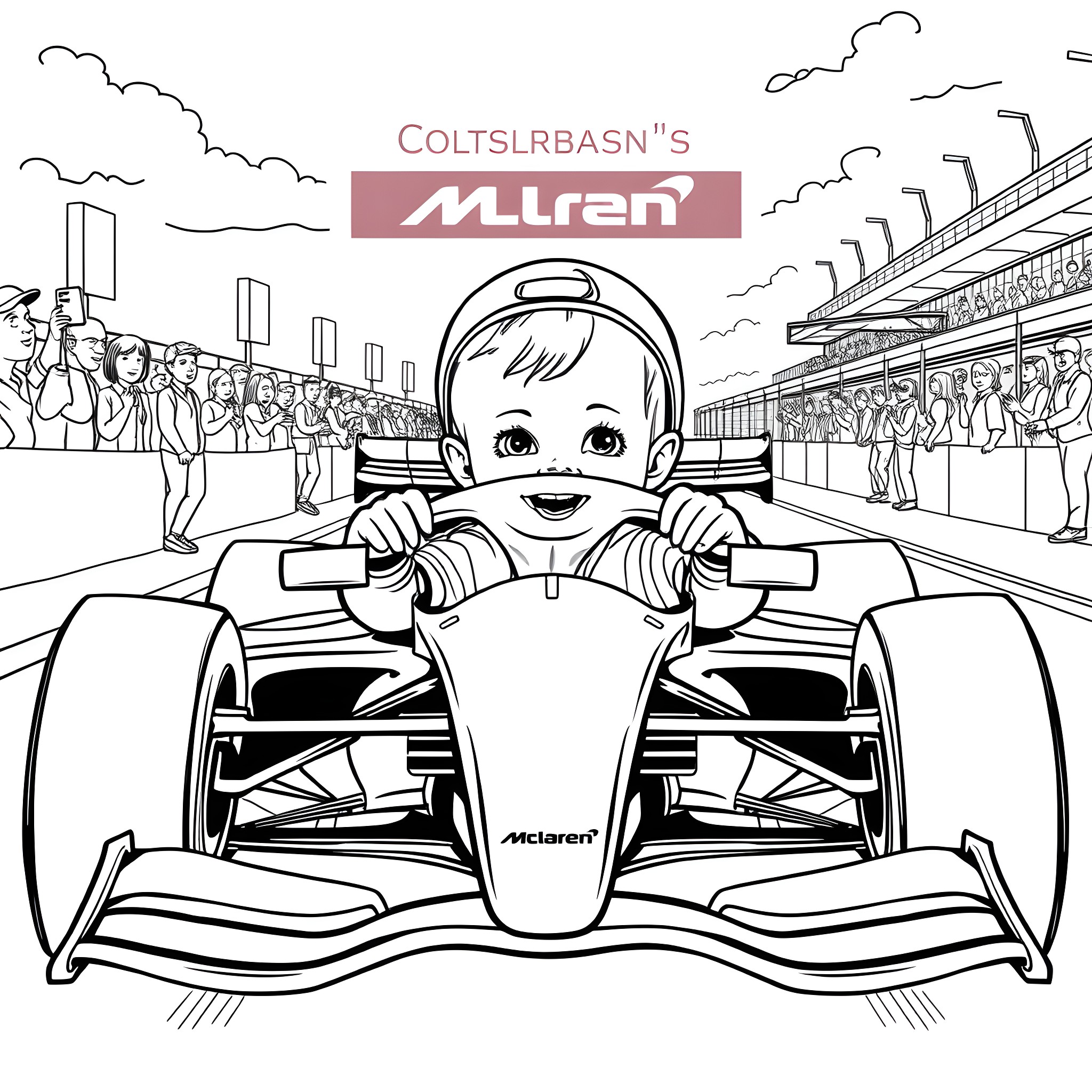 Baby driving a race car in the stadium Coloring Page (free black-and-white line drawing printable PDF for all, from beginners to advanced learners, including children, teens, adults, and seniors)
