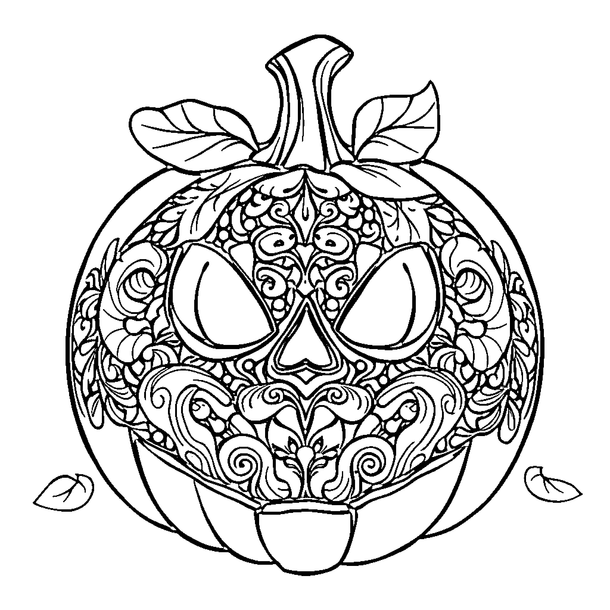 Pumpkin with intricate floral patterns Coloring Page (free black-and-white line drawing printable PDF for all, from beginners to advanced learners, including children, teens, adults, and seniors)