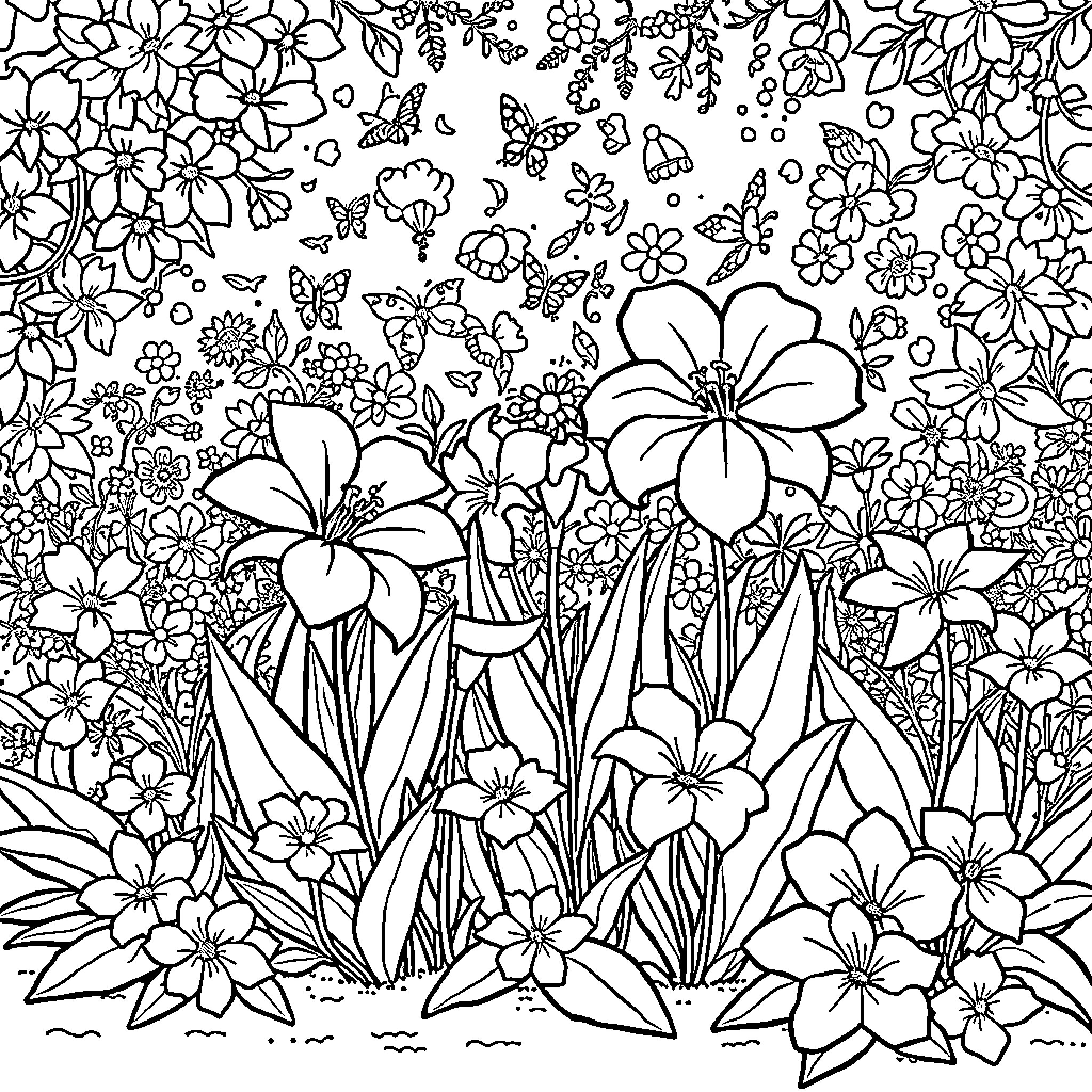 Snow White's Enchanted Floral Garden Coloring Page (free black-and-white line drawing printable PDF for all, from beginners to advanced learners, including children, teens, adults, and seniors)
