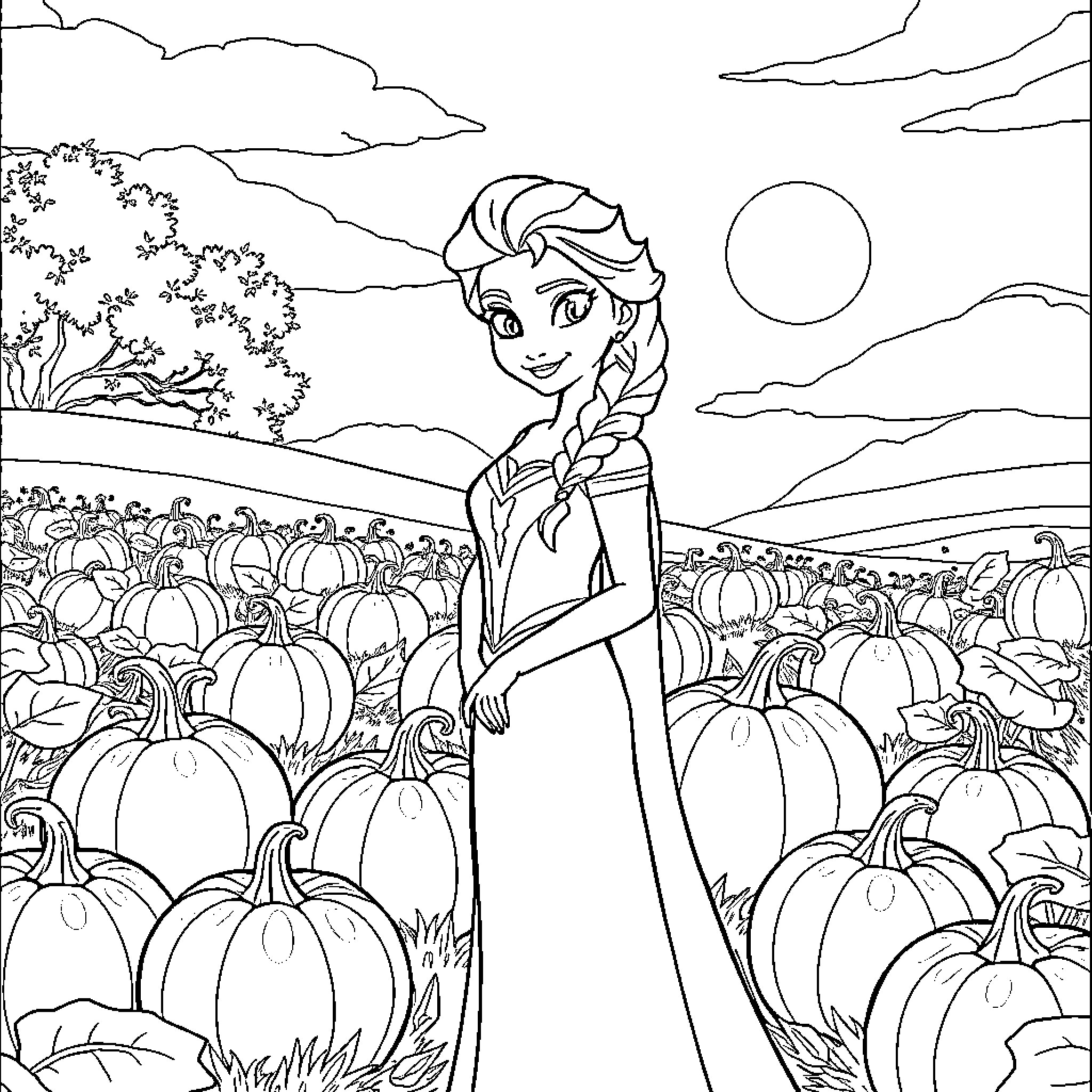 Elsa exploring a pumpkin patch in autumn Coloring Page (free black-and-white line drawing printable PDF for all, from beginners to advanced learners, including children, teens, adults, and seniors)