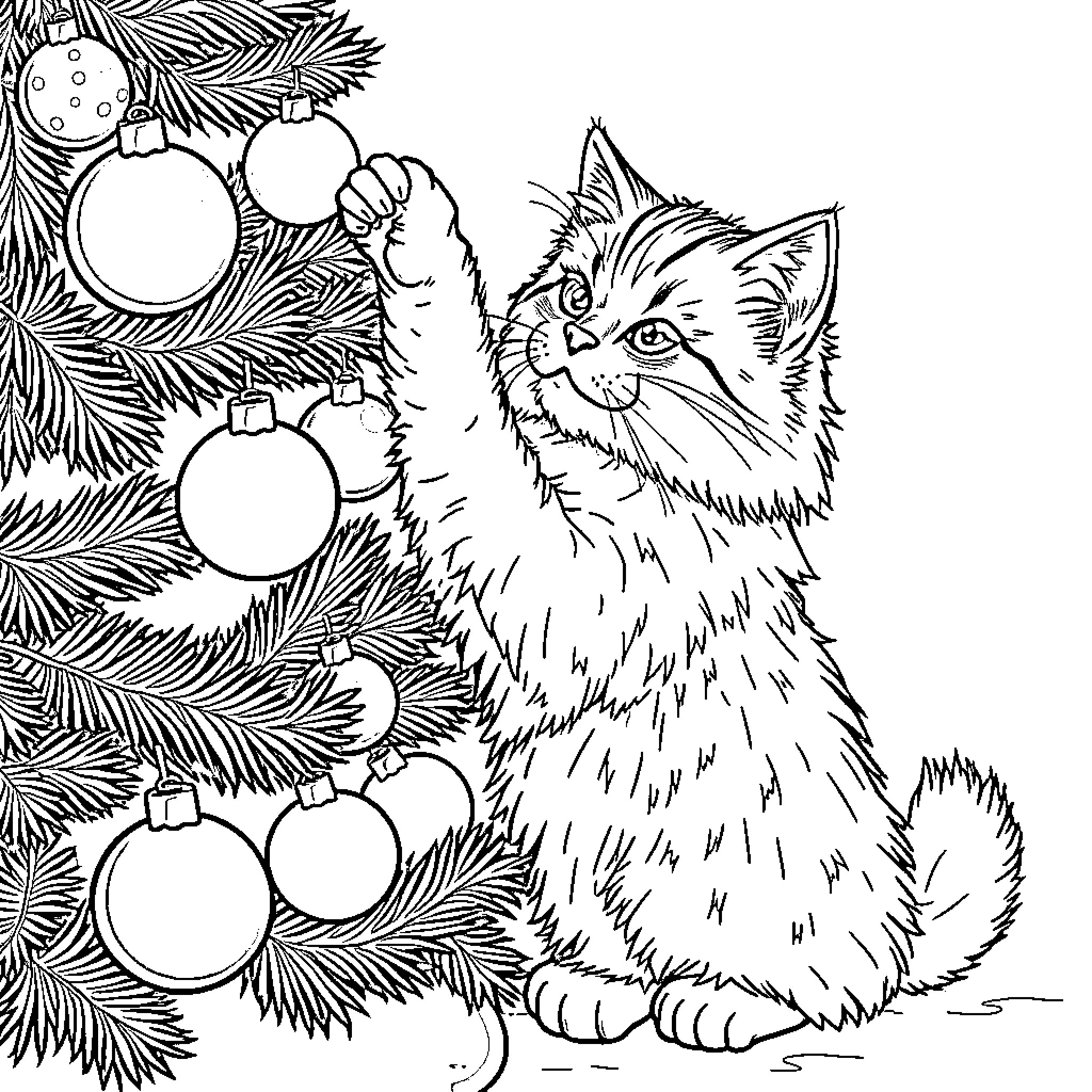 Cat exploring Christmas tree with ornaments Coloring Page (free black-and-white line drawing printable PDF for all, from beginners to advanced learners, including children, teens, adults, and seniors)