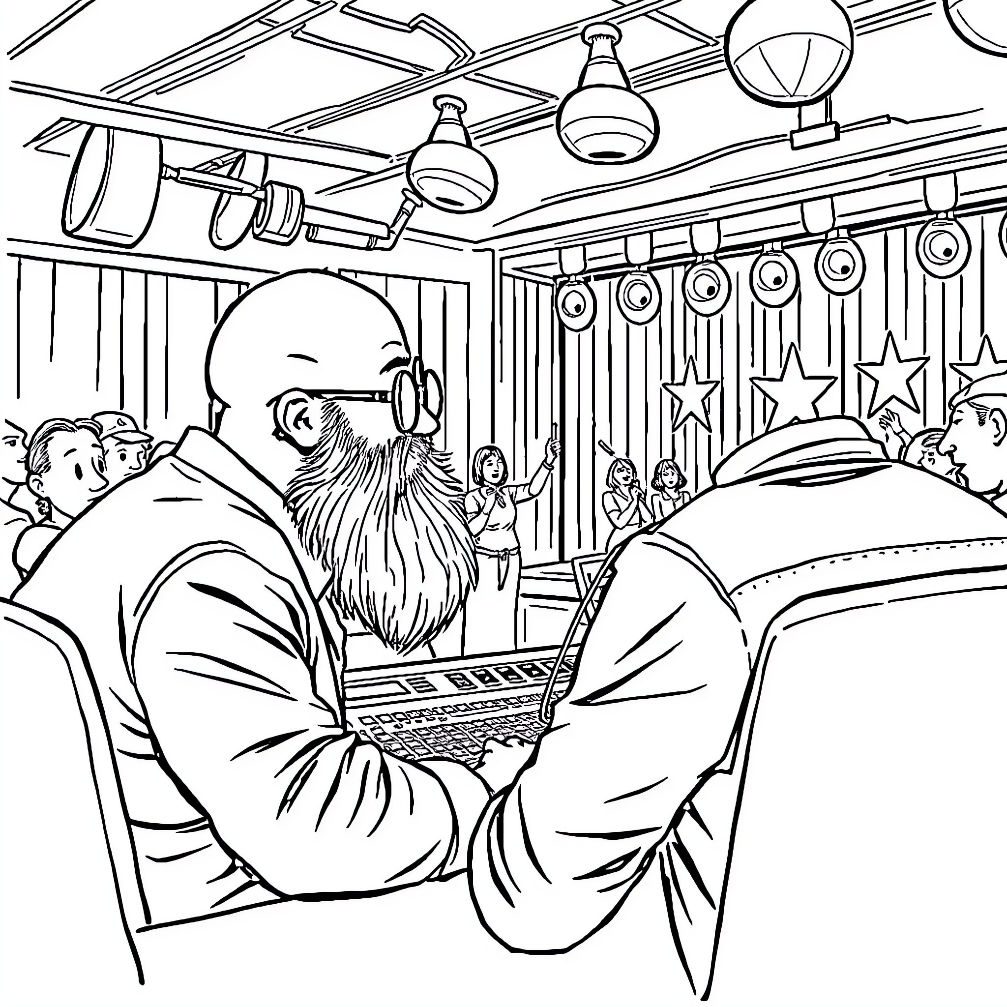 Guy working intently on laptop in cozy theater setting Coloring Page (free black-and-white line drawing printable PDF for all, from beginners to advanced learners, including children, teens, adults, and seniors)
