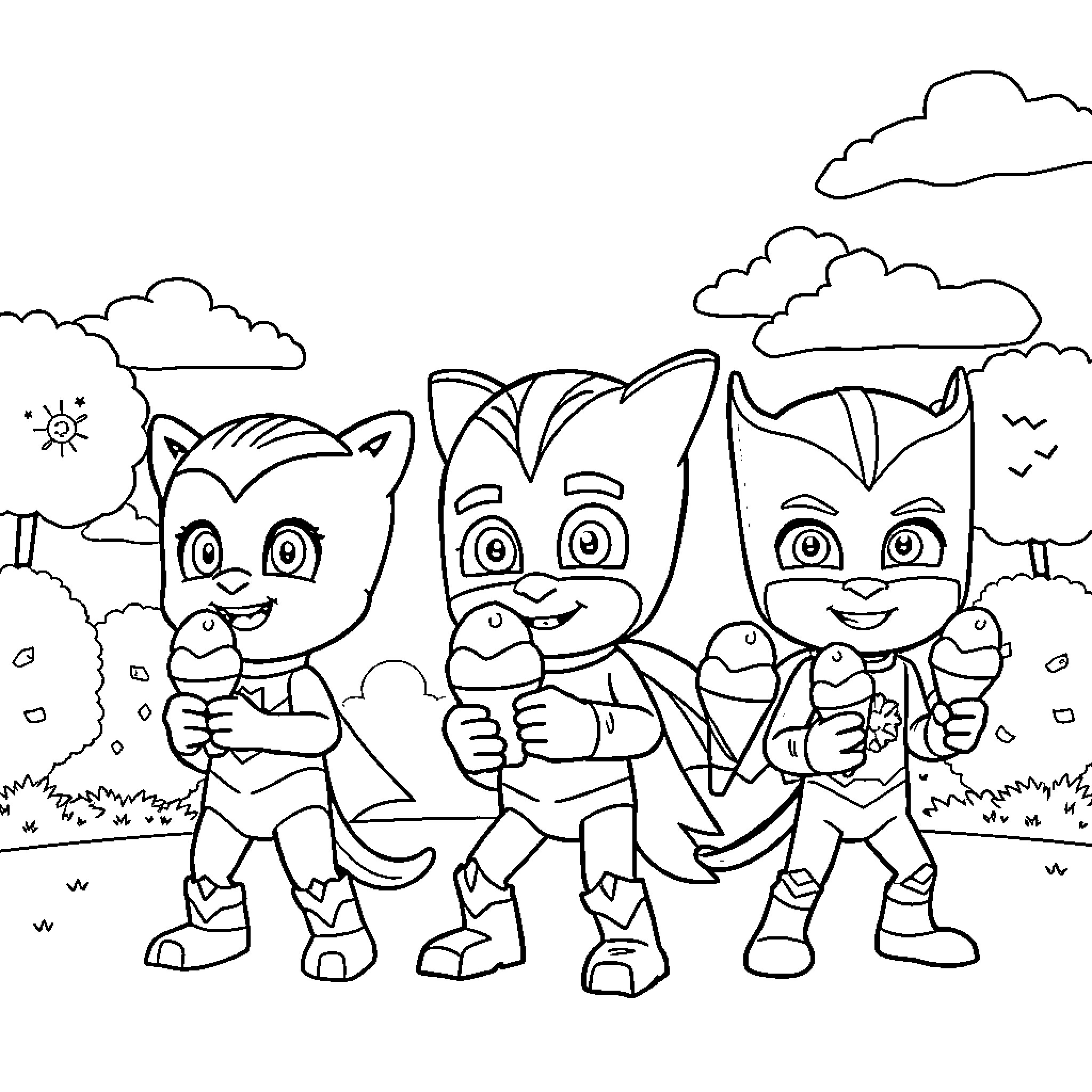 PJ Masks characters in an outdoor scene Coloring Page (free black-and-white line drawing printable PDF for all, from beginners to advanced learners, including children, teens, adults, and seniors)